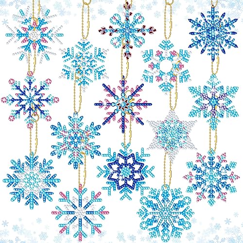 BBTO 15 piezas de llavero de pintura de diamante de invierno con copos de nieve, adornos de pintura de diamante 5D DIY llavero de pintura de