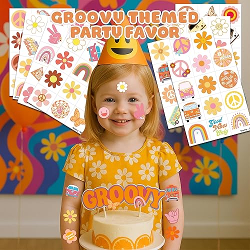 Miniatura 3 de 96 tatuajes temporales precortados de los años 60 y 70 para niños, suministros de fiesta temática de cumpleaños, decoración de recuerdos, súper