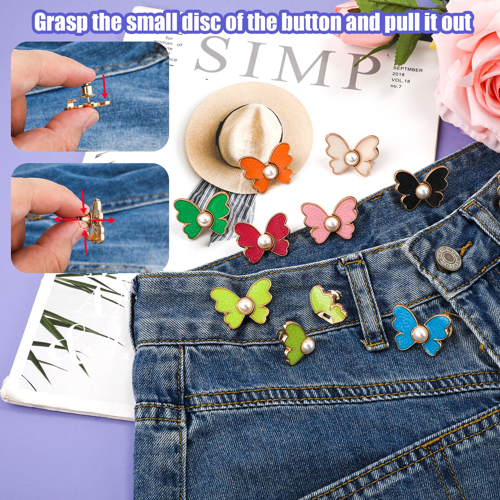 THXFUNAREA Set di 8 stringitori per pantaloni a farfalla, con fibbia regolabile in vita, con bottoni staccabili, bottoni di regolazione per pantaloni, jeans, gonne, maniche, Argento