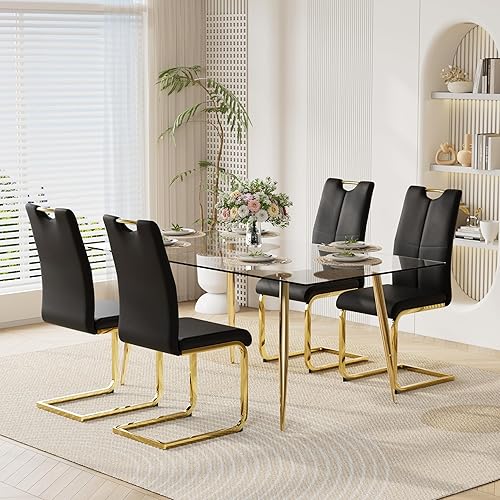 Miniatura 11 de Juego de mesa de comedor moderno de 51" de 7 piezas para 6, mesa rectangular de cristal con 6 sillas tapizadas en cuero, capacidad para 6 personas,