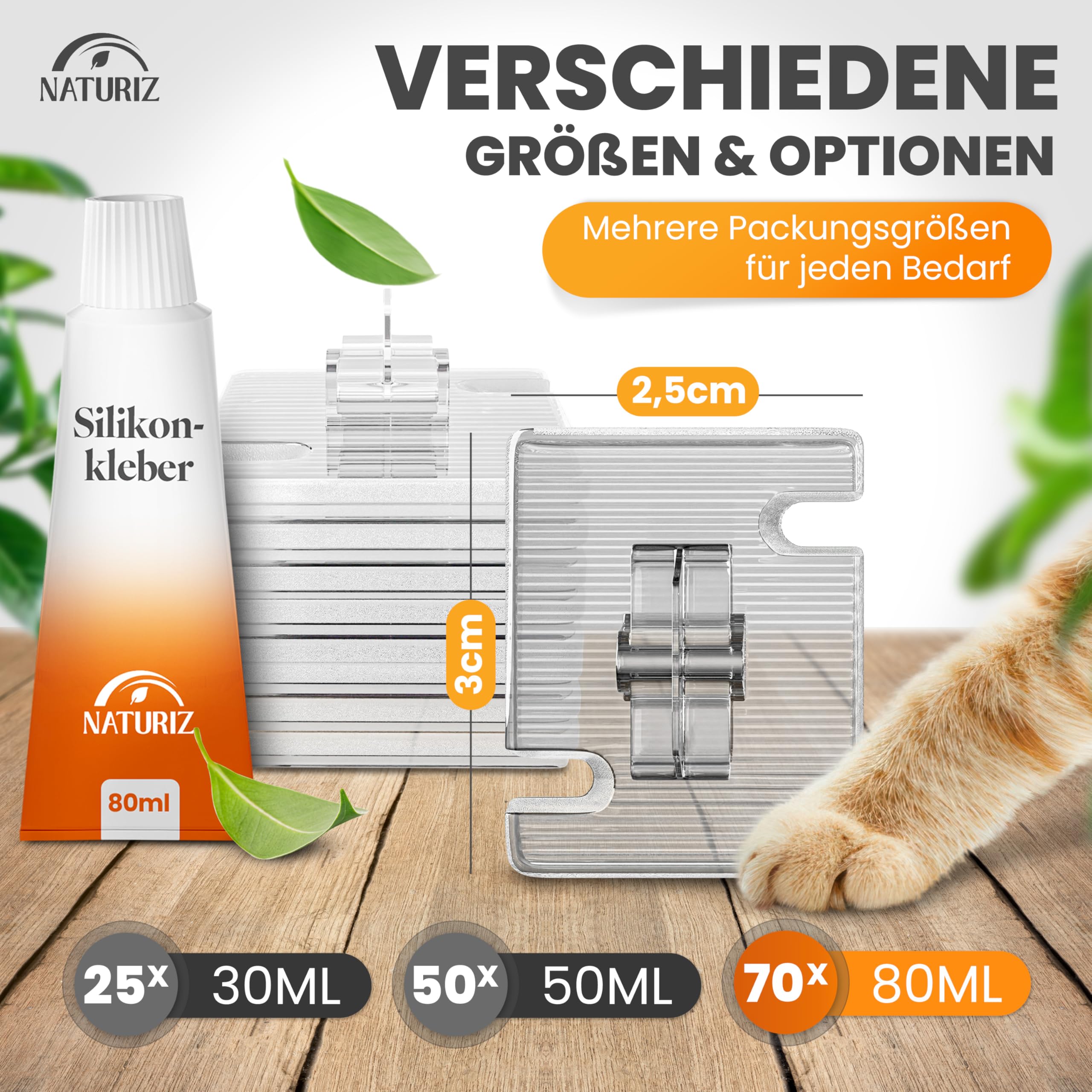 Naturiz® Ganci Adesivi da Esterno Resistenti alle intemperie - Set da 25/50/70 - per Fissare reti per Gatti Senza forare - con Colla siliconica (70 Ganci)