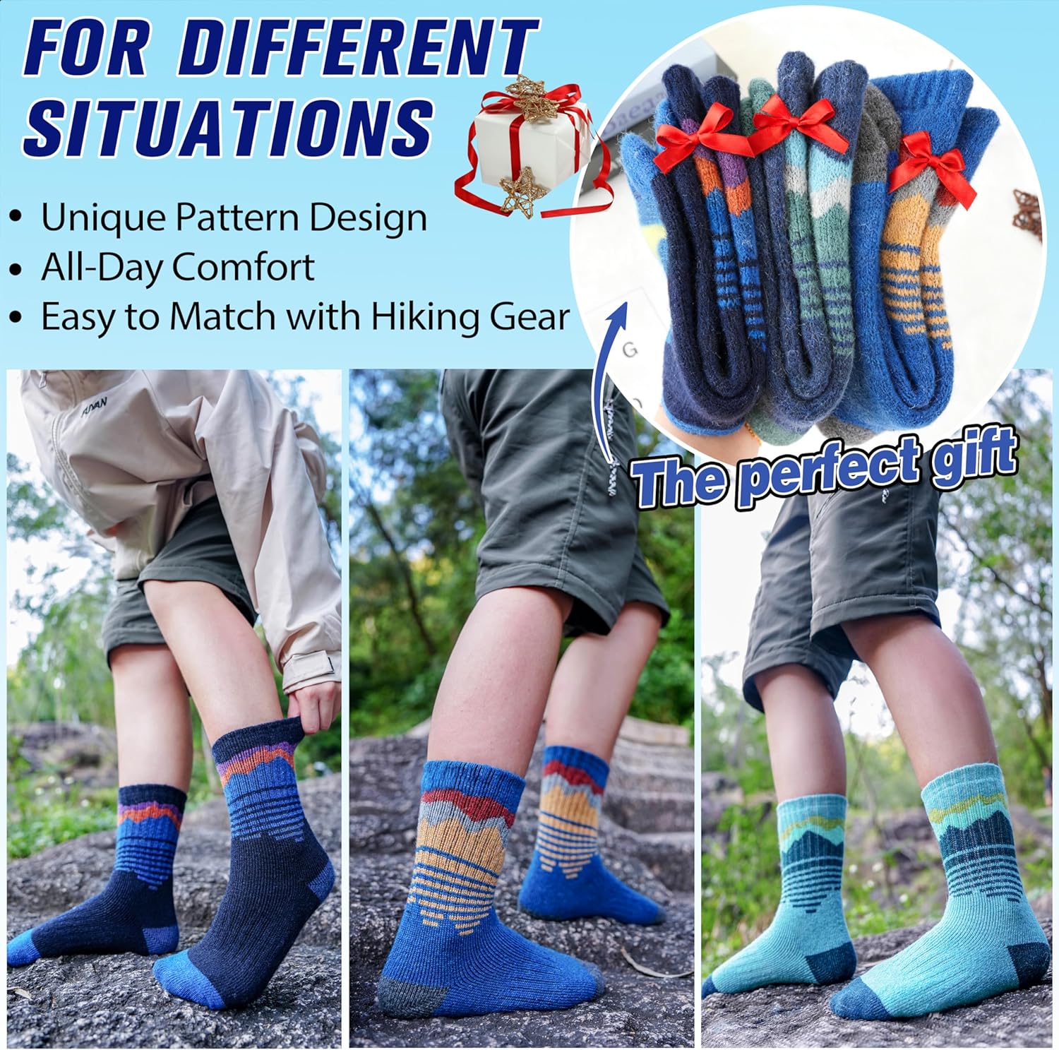 Sandsuced Kids Boys Toddlers Merino Wool Hiking Socks Thermal Warm Winter Cozy Crew Outdoor Socks 6 Pairs - Image 6