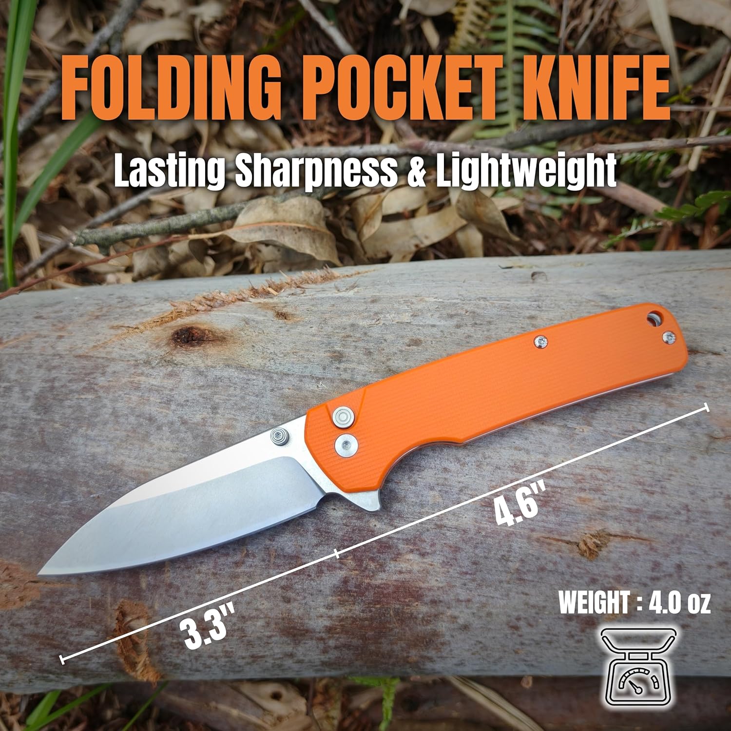 [EDC] Pocket Folding Knife - 3.3" D2 Steel Blade, G10 Handle with 3 Opening Ways, Pocket Clip & Keyhole Included, Ideal for Tactical Use, Hunting, Camping, Fishing & Outdoor Activities (Orange)