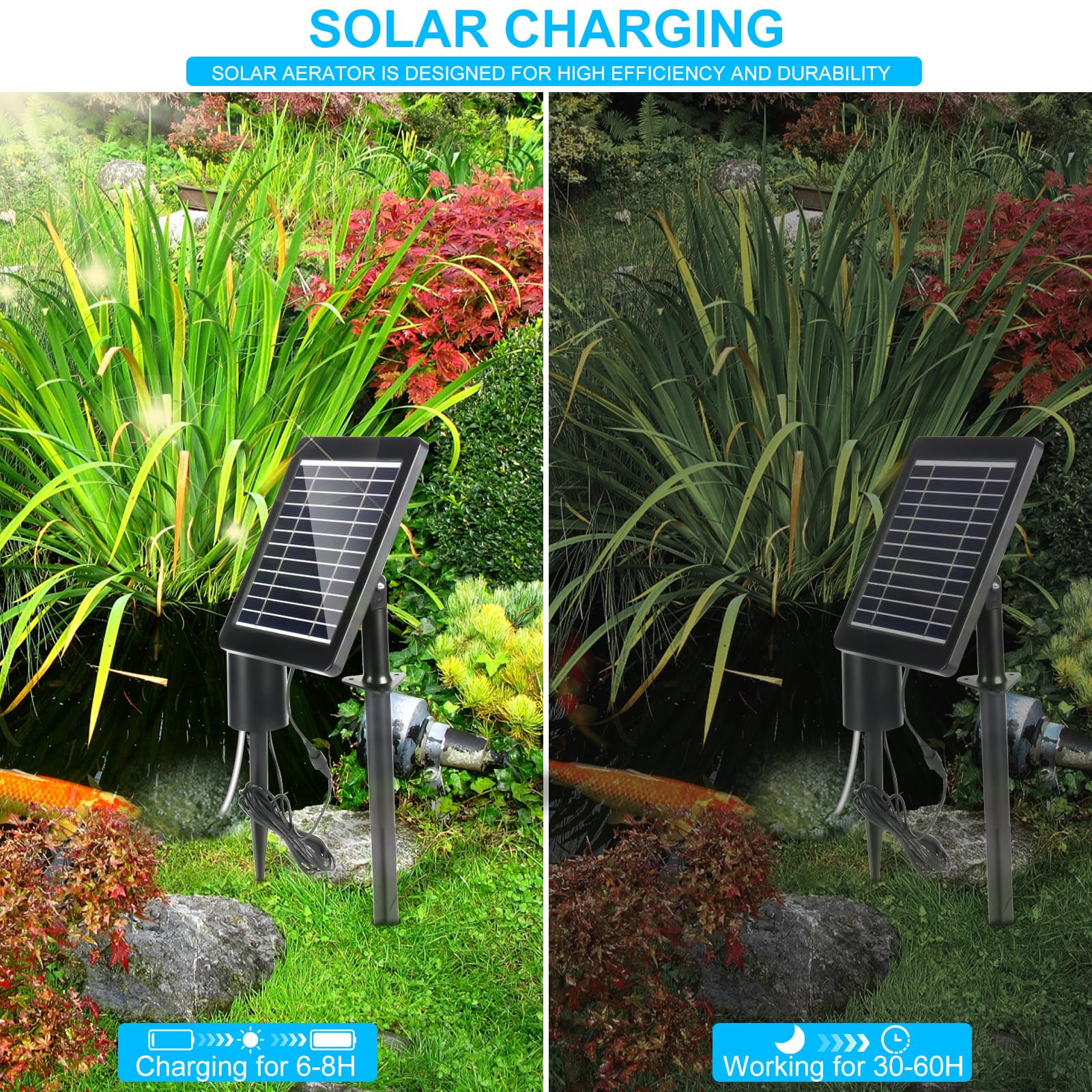 Weinsamkeit 4W Aeratore Laghetto Solare, Ossigeno Solare per Laghetto con Batteria 2200mAh, 3 modalità, Ossigenatore per Laghetto con Tubo di Ossigeno e 2 Pietra della Bolla, Ideale per Laghetti