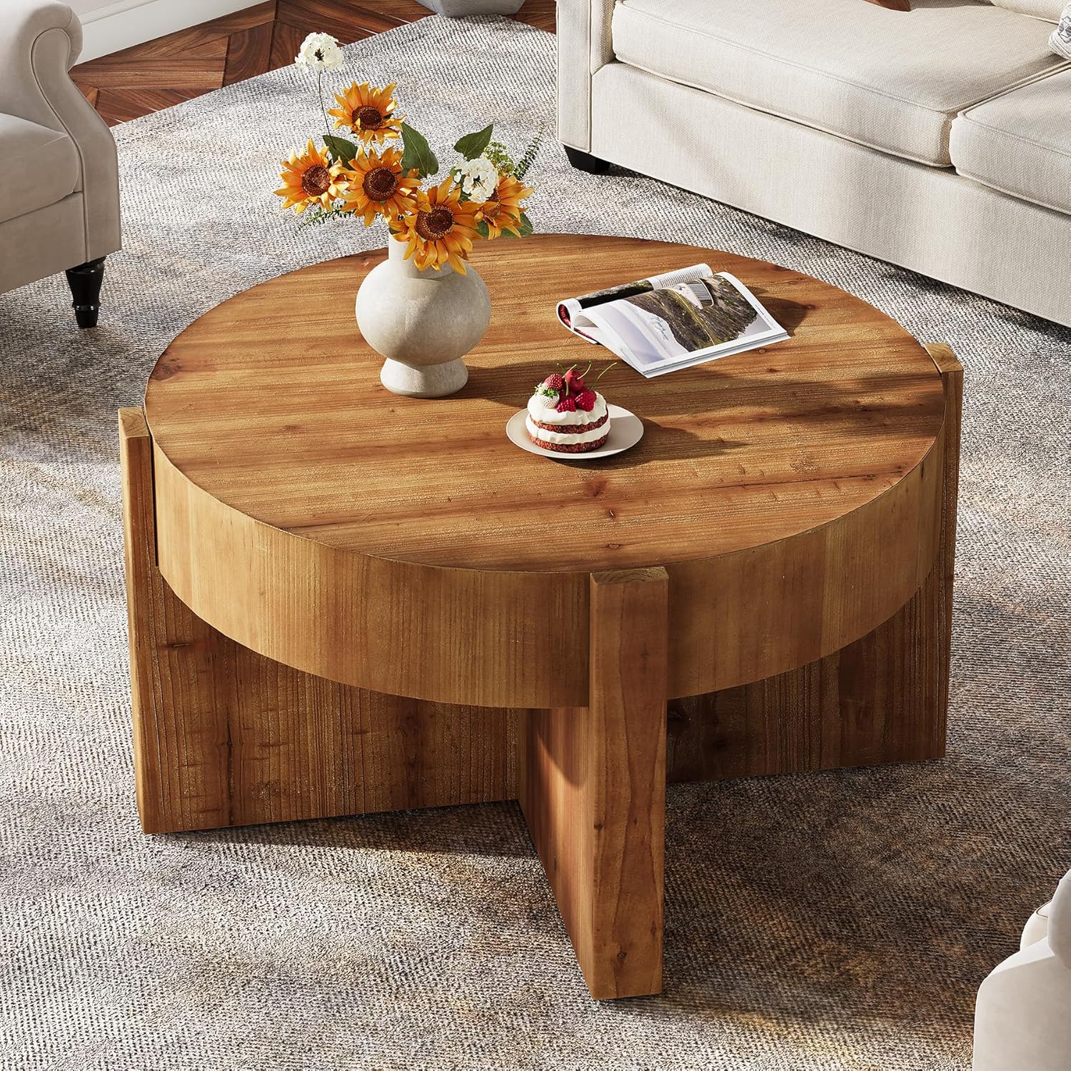 Solid Wood Round Coffee Table, 32 Inch Round Coffee Table for Living Room, Large Farmhouse Center Table with Thick Tabletop for Home, Easy Assembly, Rustic Brown