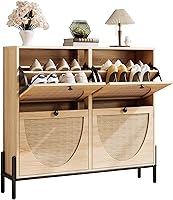 IRONCK Oak Rattan Shoe Cabinet with 4 Flip Drawers - Narrow Freestanding Entryway Shoe Storage Organizer