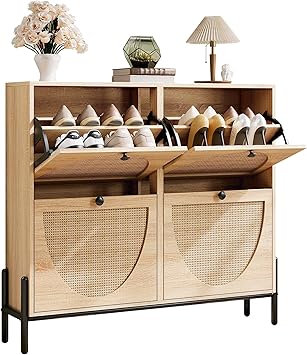 IRONCK Rattan Shoe Cabinet Storage with 4 Flip Drawers, Freestanding Shoe Storage Organizer Cabinet for Entryway, Narrow Shoe Rack Cabinet, Oak