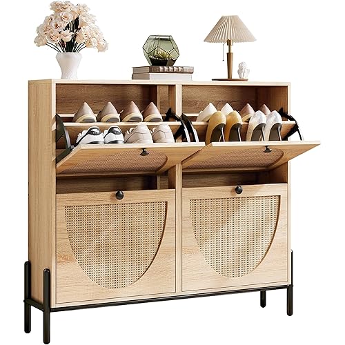 IRONCK Rattan Shoe Cabinet Storage with 4 Flip Drawers, Freestanding Shoe Storage Organizer Cabinet for Entryway, Narrow Shoe Rack Cabinet, Oak
