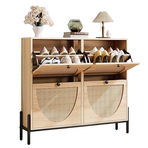 IRONCK Rattan Shoe Cabinet Storage with 4 Flip Drawers, Freestanding Shoe Storage Organizer Cabinet for Entryway, Narrow Shoe Rack Cabinet, Oak - 39.4 inches (W) x 34.7 inches (H) x 9.3 inches (D) - Oak