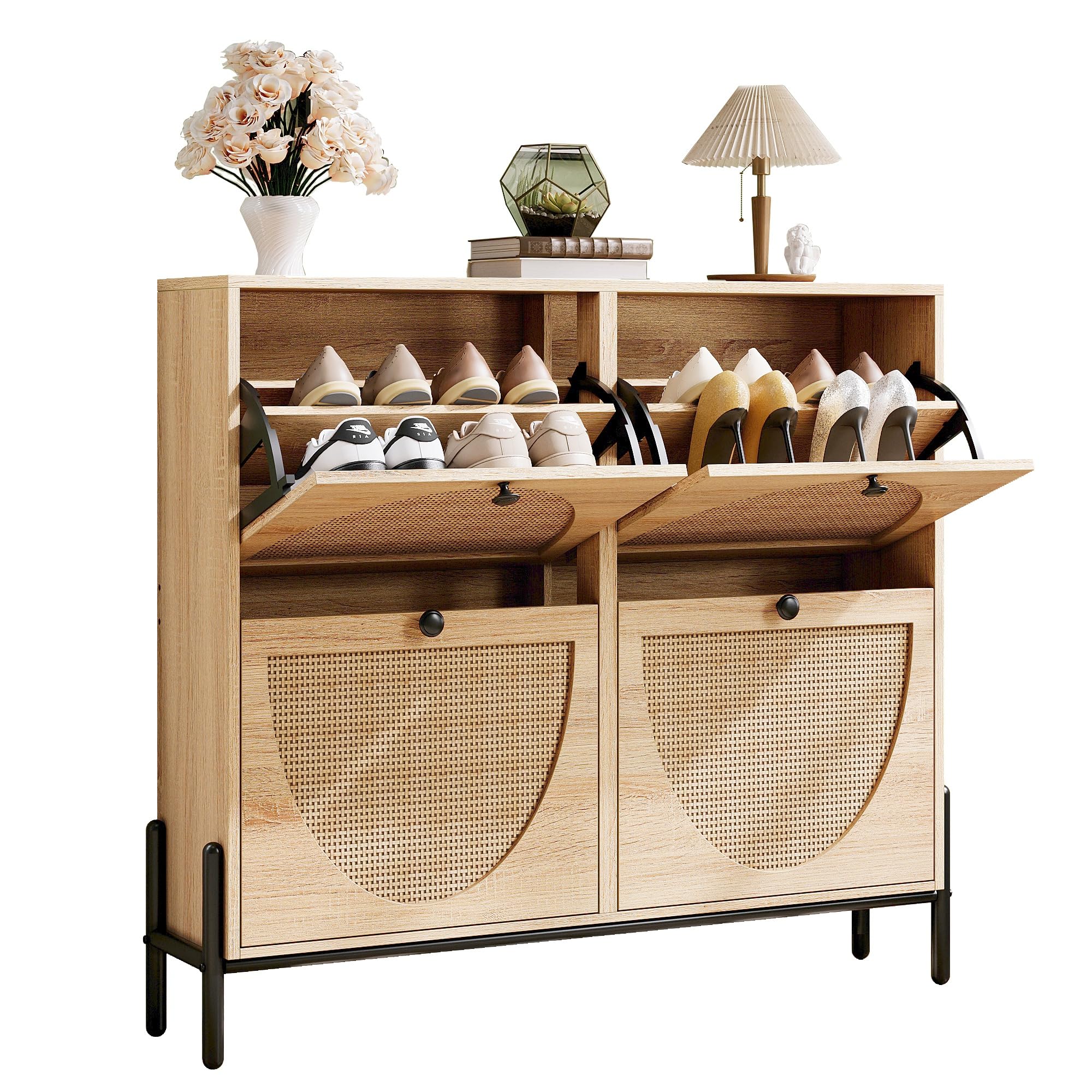 ironck rattan shoe cabinet storage with 4 flip drawers, freestanding shoe storage organizer cabinet for entryway, narrow shoe rack cabinet, oak