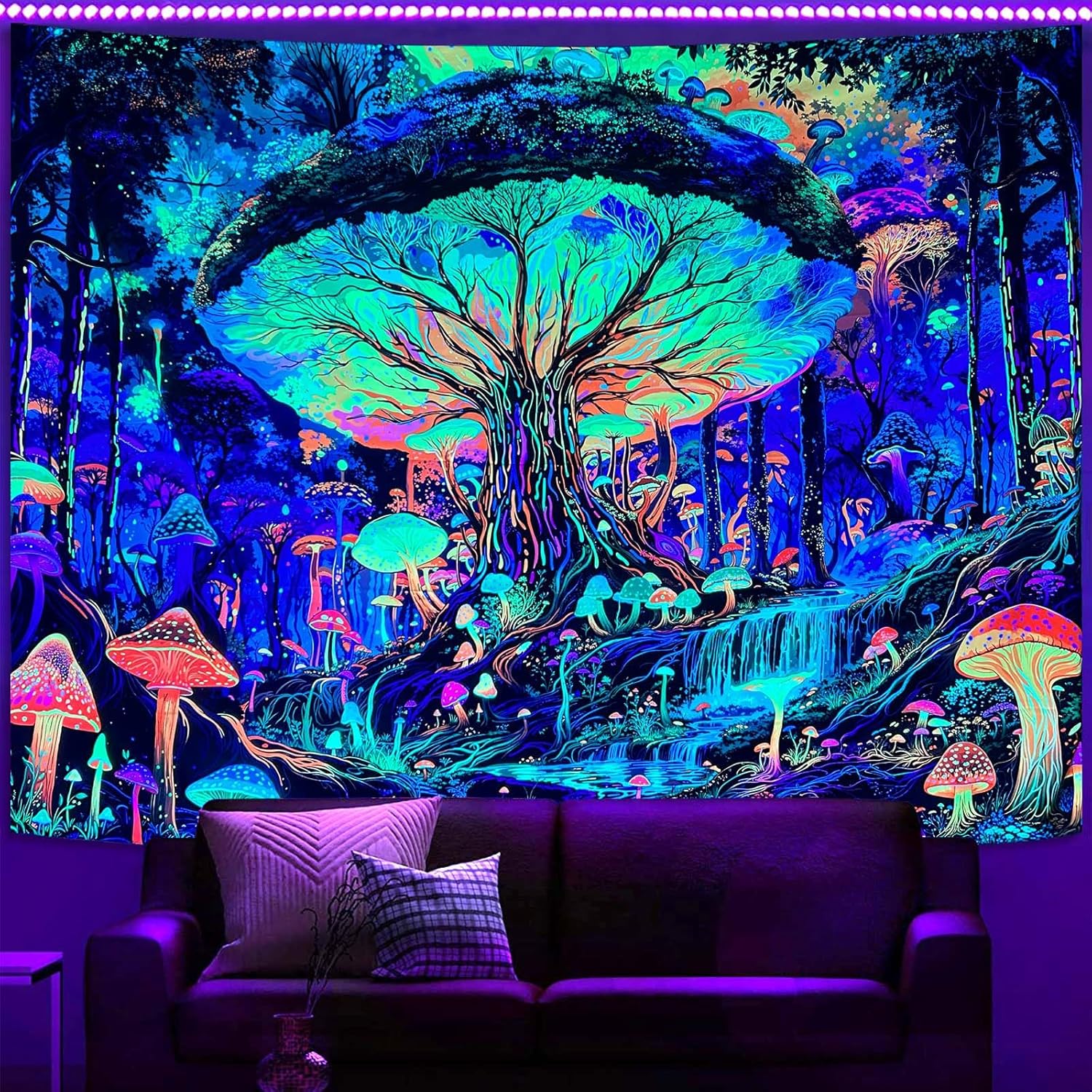 Kanuyee Blacklight Giant Mushroom Tree Forest Tapestry, UV Reactive Fantasy Wonderland Wall Art for Room Decor, Luminous Nature Home Decor 90L x 70W