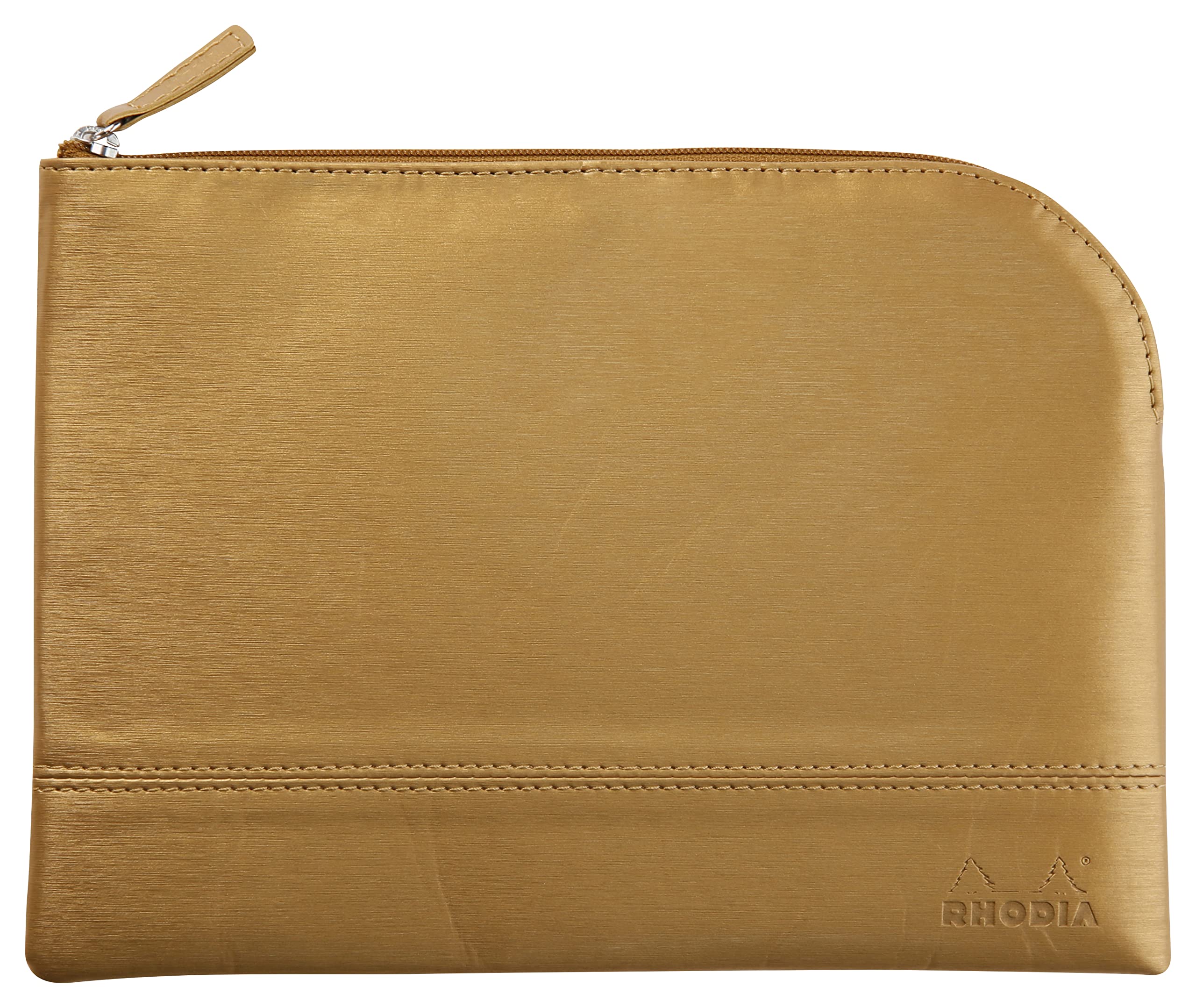 RHODIA 116617C, Faux Leather Zipped Pouch, Gold, Size M (16 x 22 cm), Genuine Stitching, Inside Orange Fabric