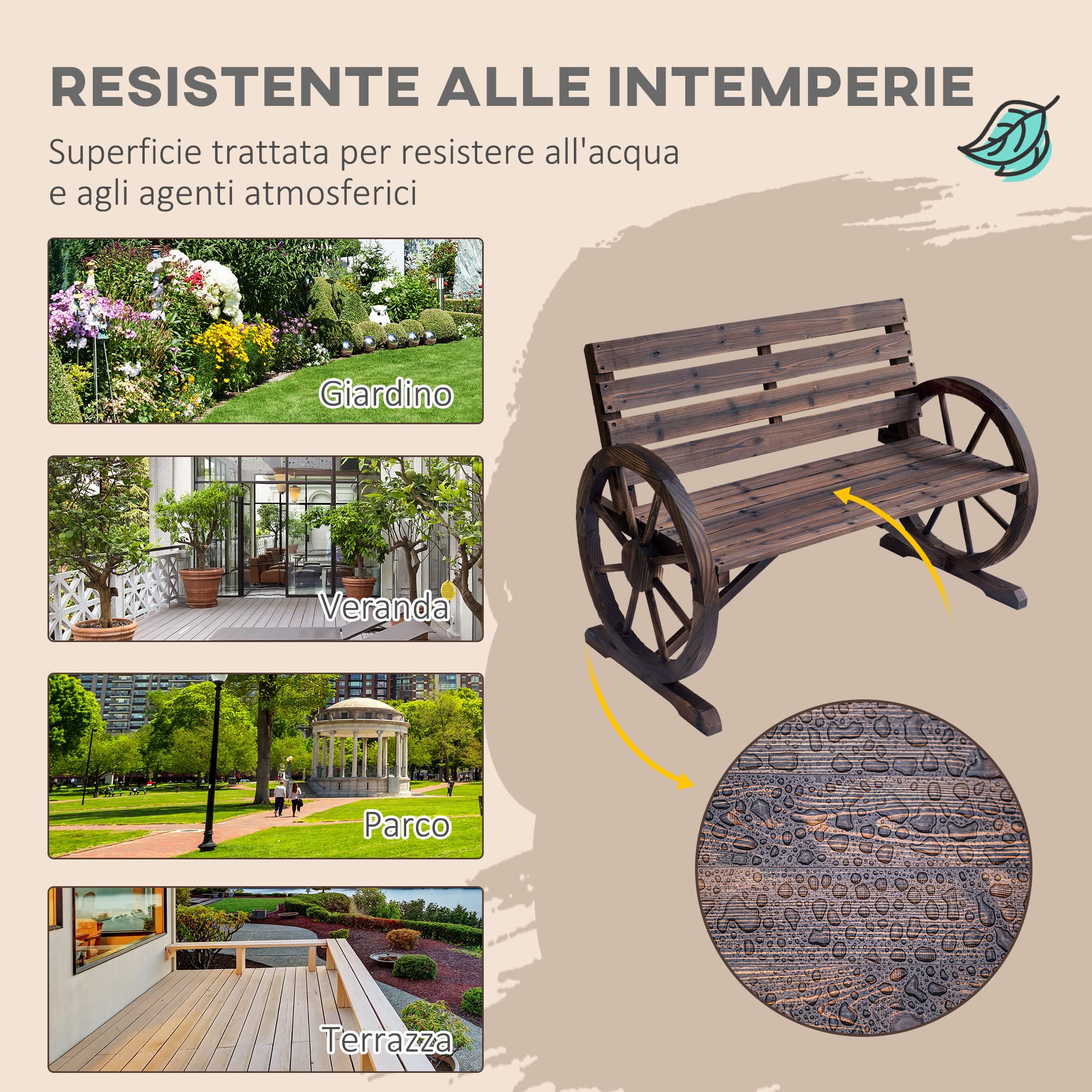 Outsunny Panchina da Giardino da 2 Posti con Braccioli a Ruota, Panchina da Esterno a Doghe in Legno di Abete, Stile Country, Panca per Terrazza Patio e Cortile, 105.5x59x75 cm, Marrone