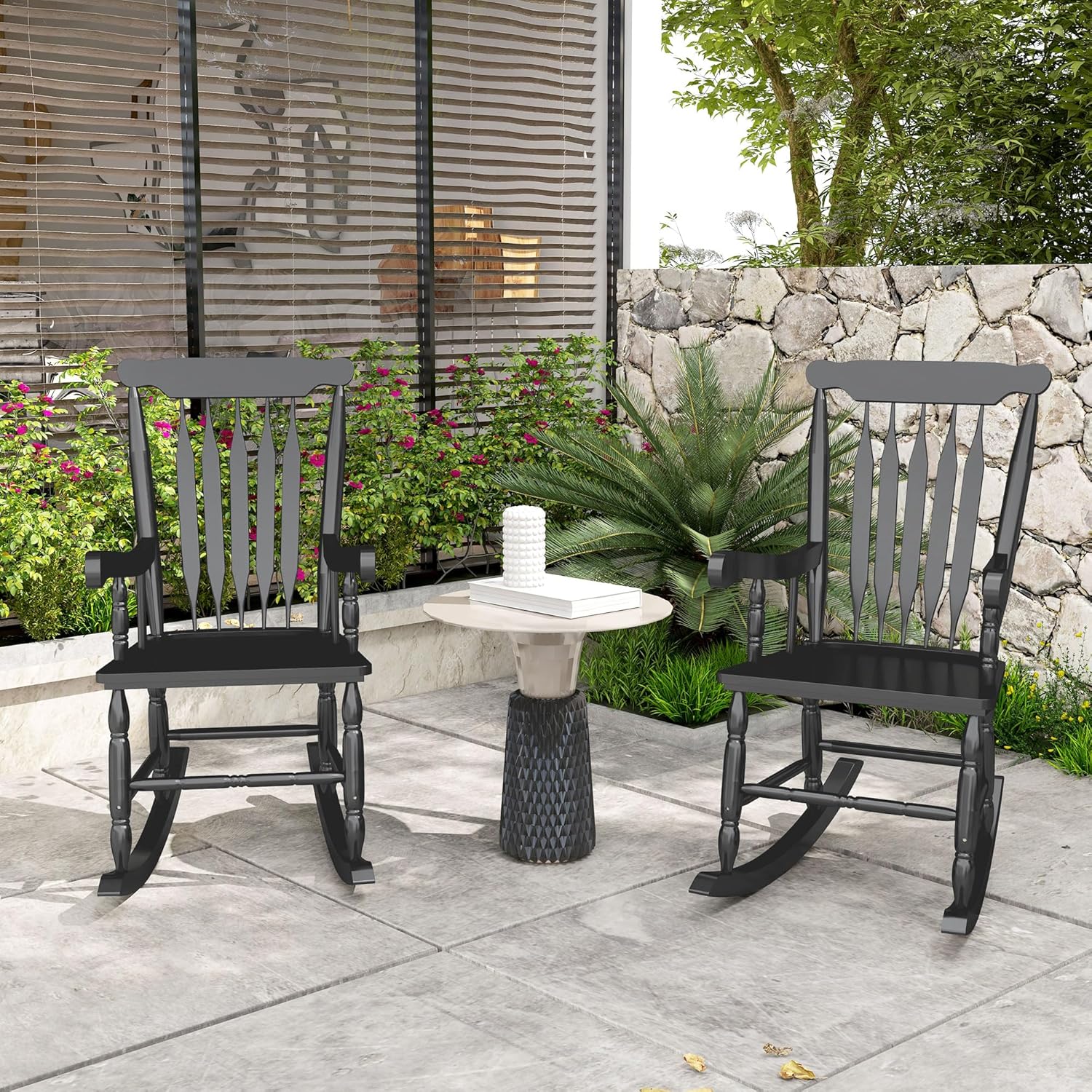 Outdoor Rocking Chairs Set of 2 - Front Porch Rocking Chairs with High Backrest and Armrest, Wooden Rocking Chair with Footrest and Wide Seat for Backyard, Porch, Balcony (Black)