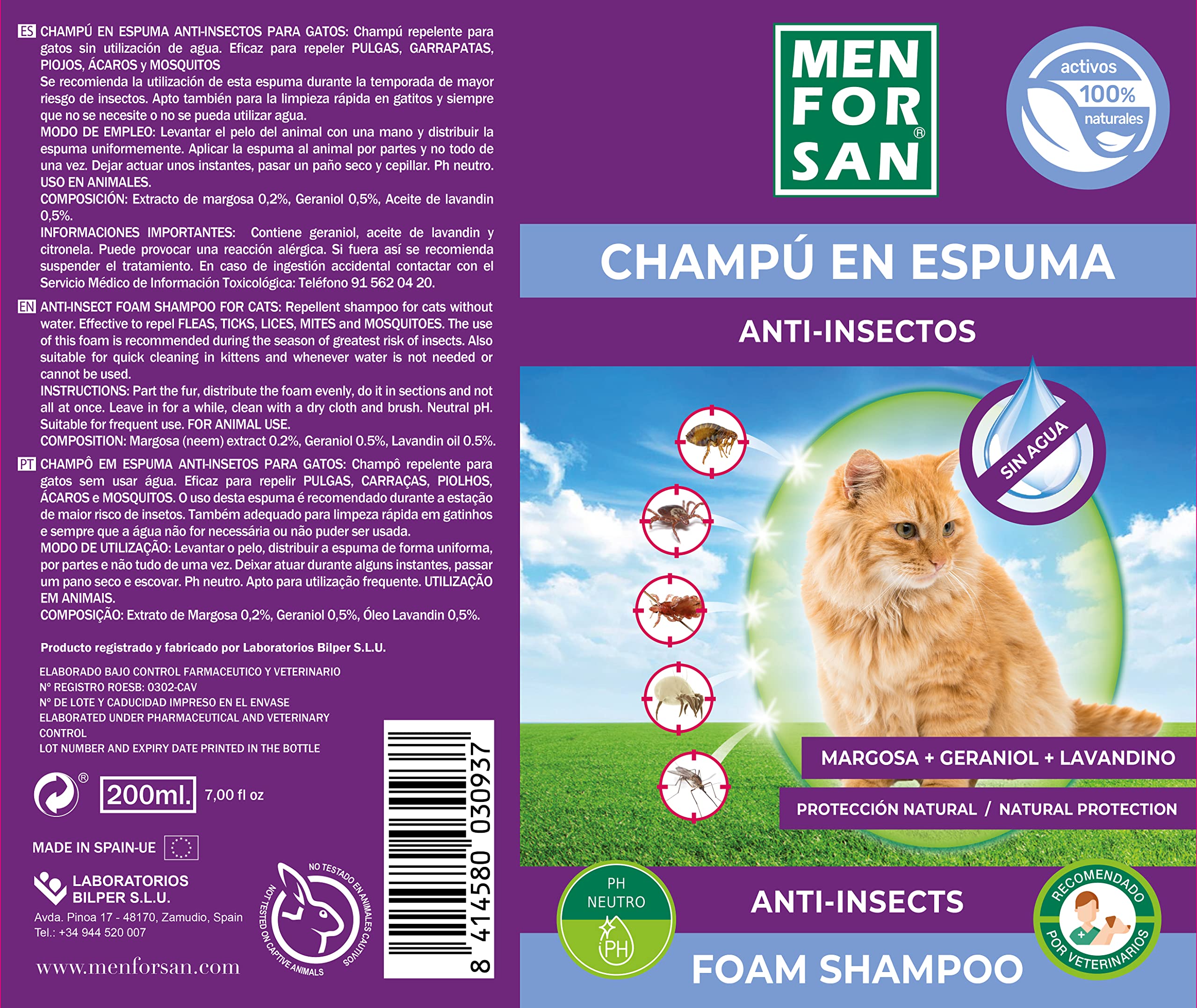MENFORSAN Shampooing Moussant Anti-Puces pour Chats 200ml, avec Margosa, Geraniol et Lavandin, Élimine Tous Les Types d'insectes