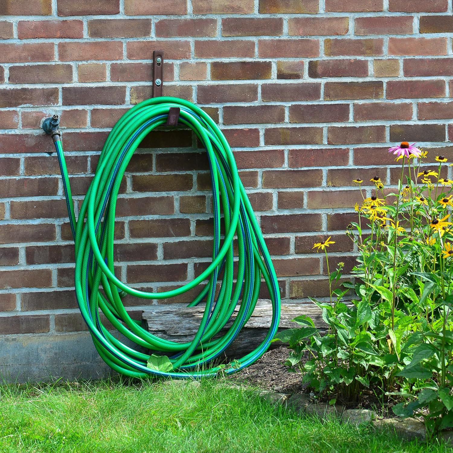 Suncast Metal Wall Mount Hose Hanger Durable and Space Saving Garden Hose Storage Solution Holds up to 150 Feet of Hose for Backyard or Garden, Brown