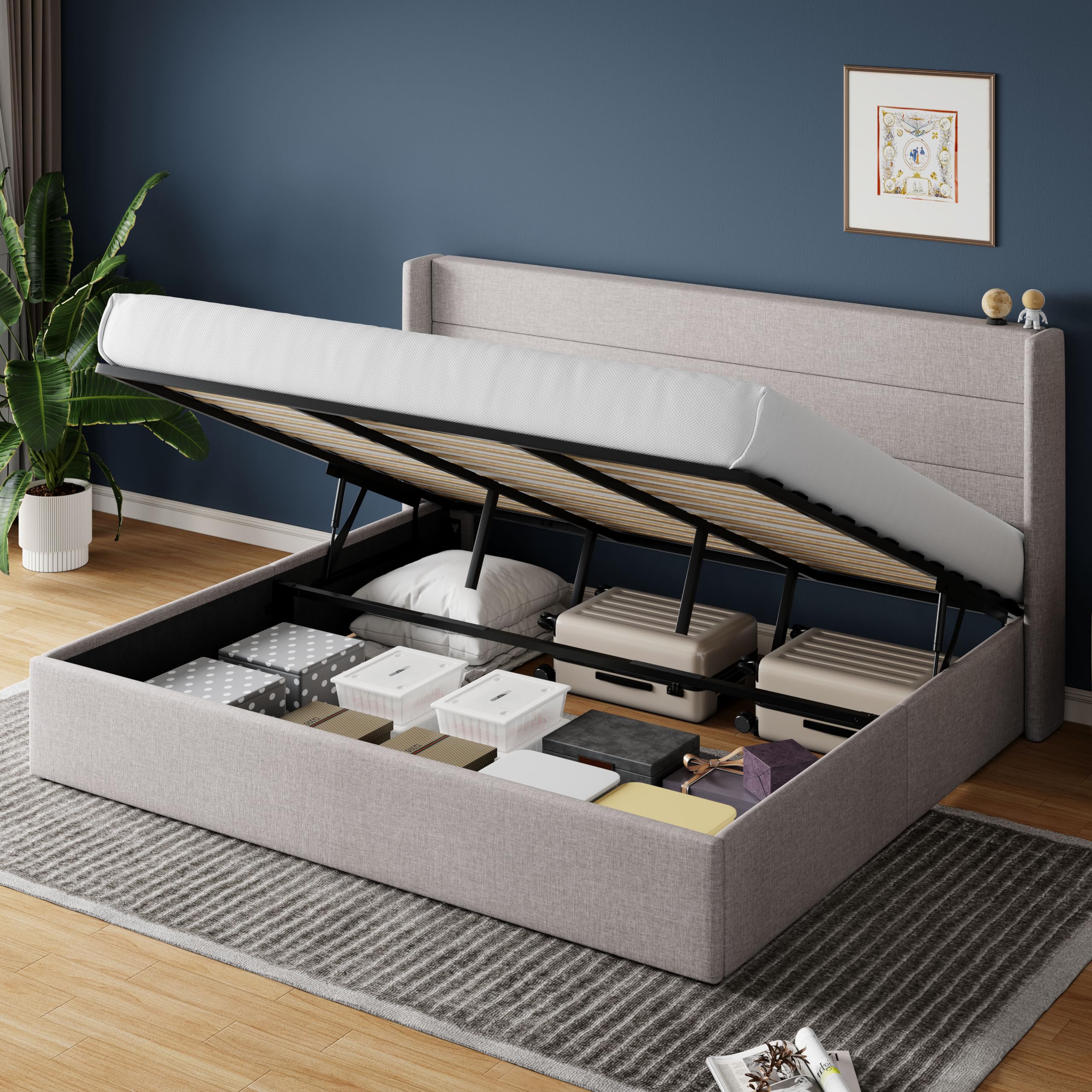 HOOMIC King Size Lift Up Storage Platform Bed Frame with Wingback Headboard Heavy Duty Hydraulic Bed Large Underneath