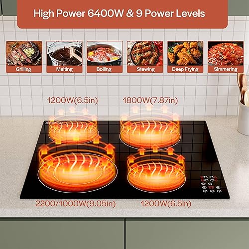 Miniatura 3 de Empava Estufa eléctrica integrada de cerámica radiante con superficie lisa de vidrio, 4 quemadores con elemento de doble zona, certificado ETL, 6400