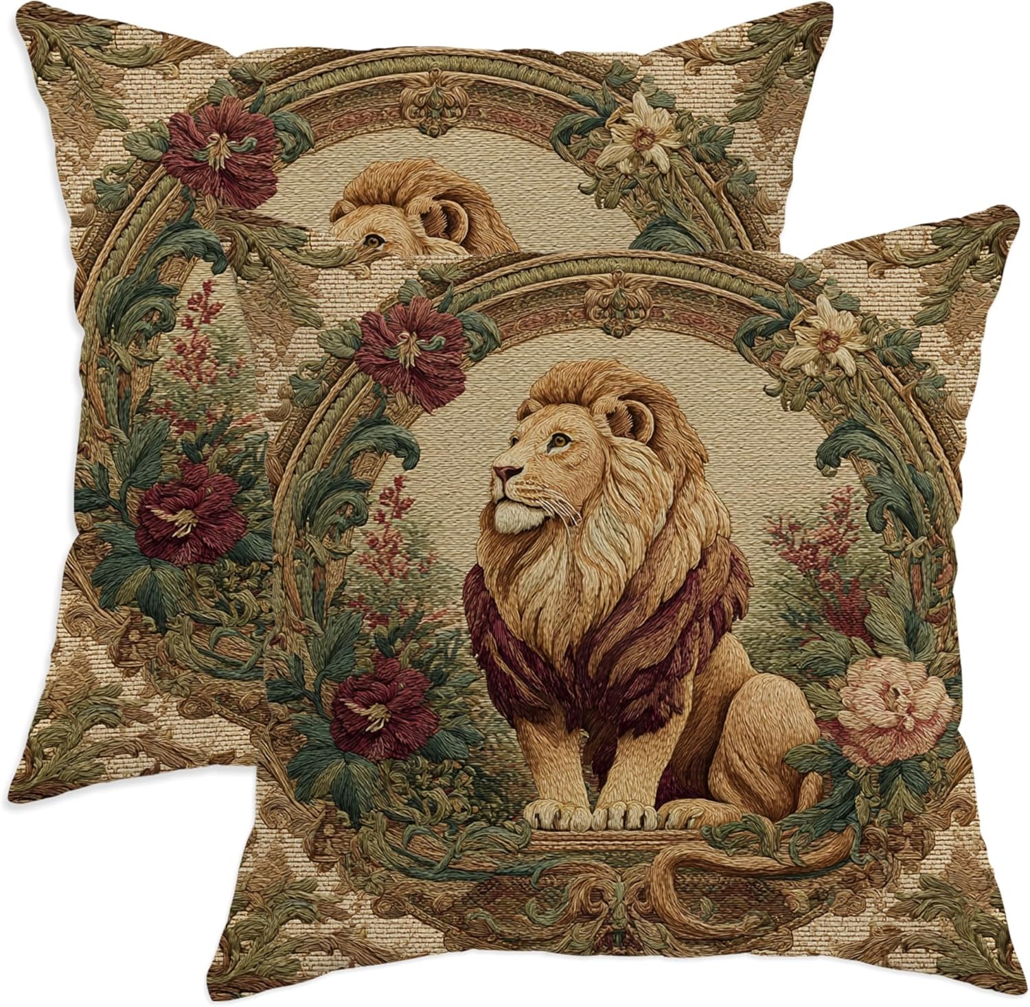 Lion Tapestry Pillow Covers Set of 2, Decorative Beige Floral Lion Print Throw Pillows, Vintage Home Decor for Sofa Bed Couch 28x28 Inch