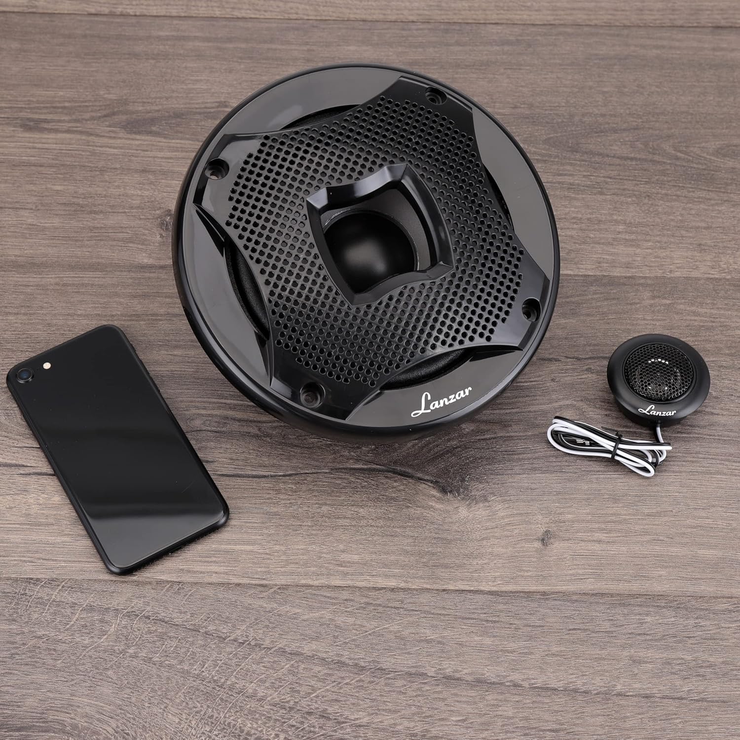 Lanzar Two Way Marine Speaker System, One Pair 6.5 inch Marine Component Speaker, 450 Watts Max Power with 4 Ohm Impedance, Waterproof, Flush Mount Capability, Resin Treatment Cloth Surround, Black