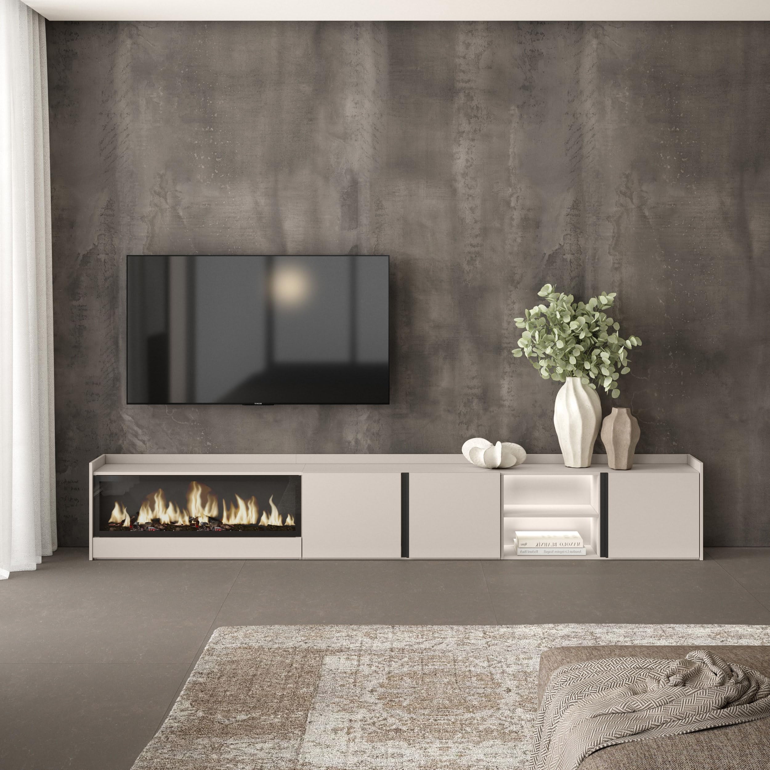 Skraut Home | Mobile TV Soggiorno | Ampio spazio a disposizione | 315x50x35 cm | Per TV fino a 80" | Camino elettrico XXL | LED | Stile moderno | Beige