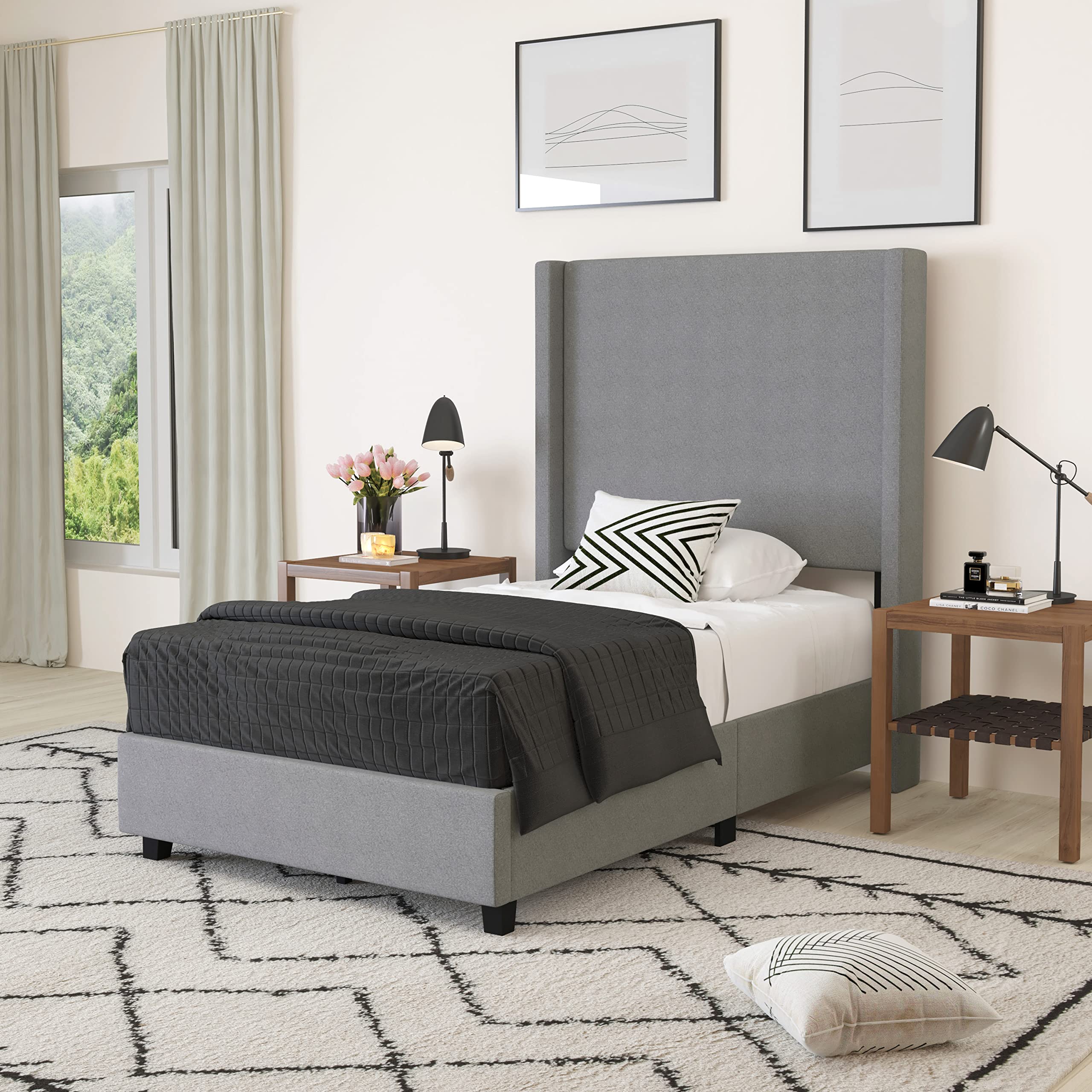 Merrick Lane Bramlett Modern Platform Bed - Gray Faux Linen - Twin - Padded Wingback Headboard - 3" Floor Clearance - Wood Support Slats - No Box Spring Needed