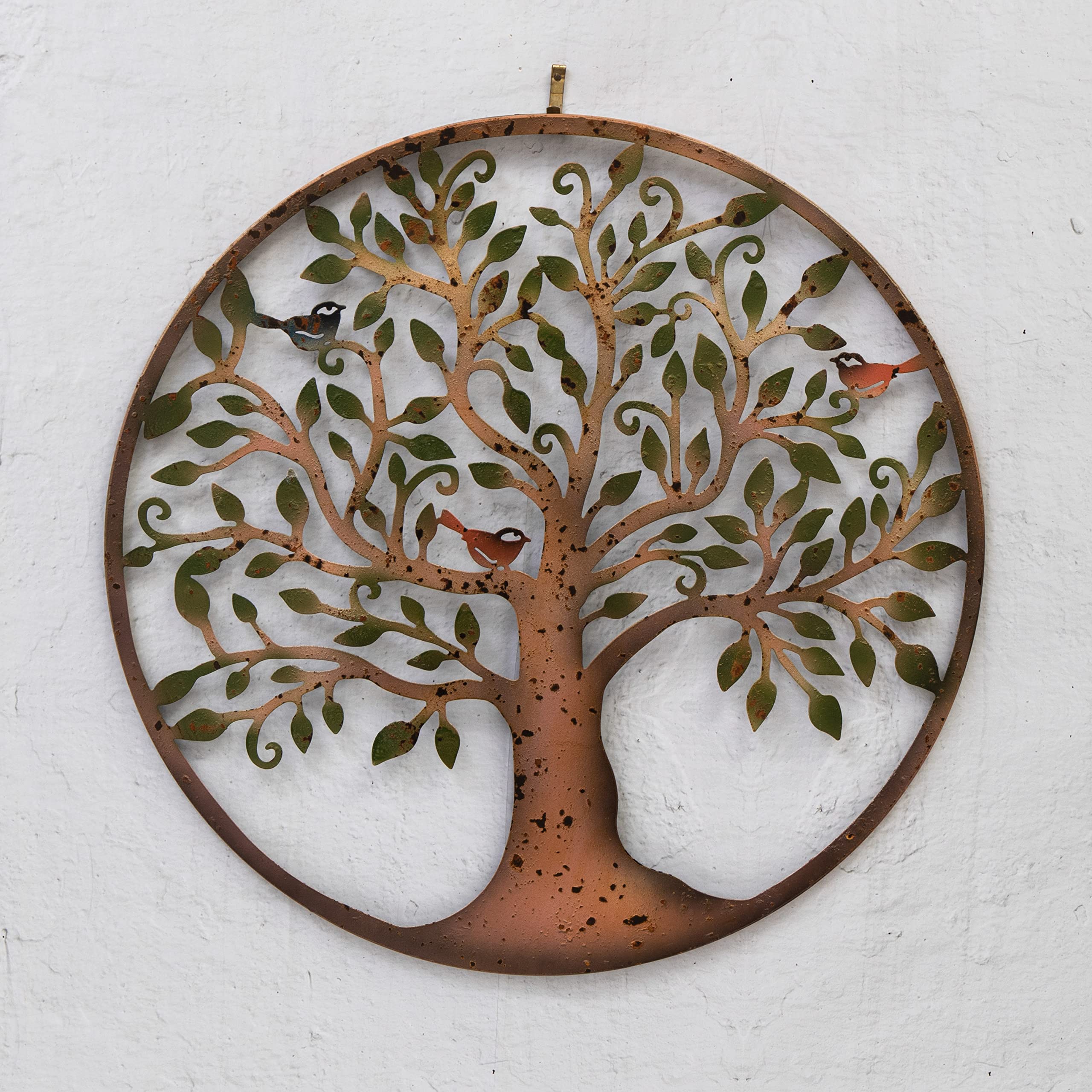 Annibells Rustic Metal Round Garden Tree Wall Plaque with Green Leaves - 40cms