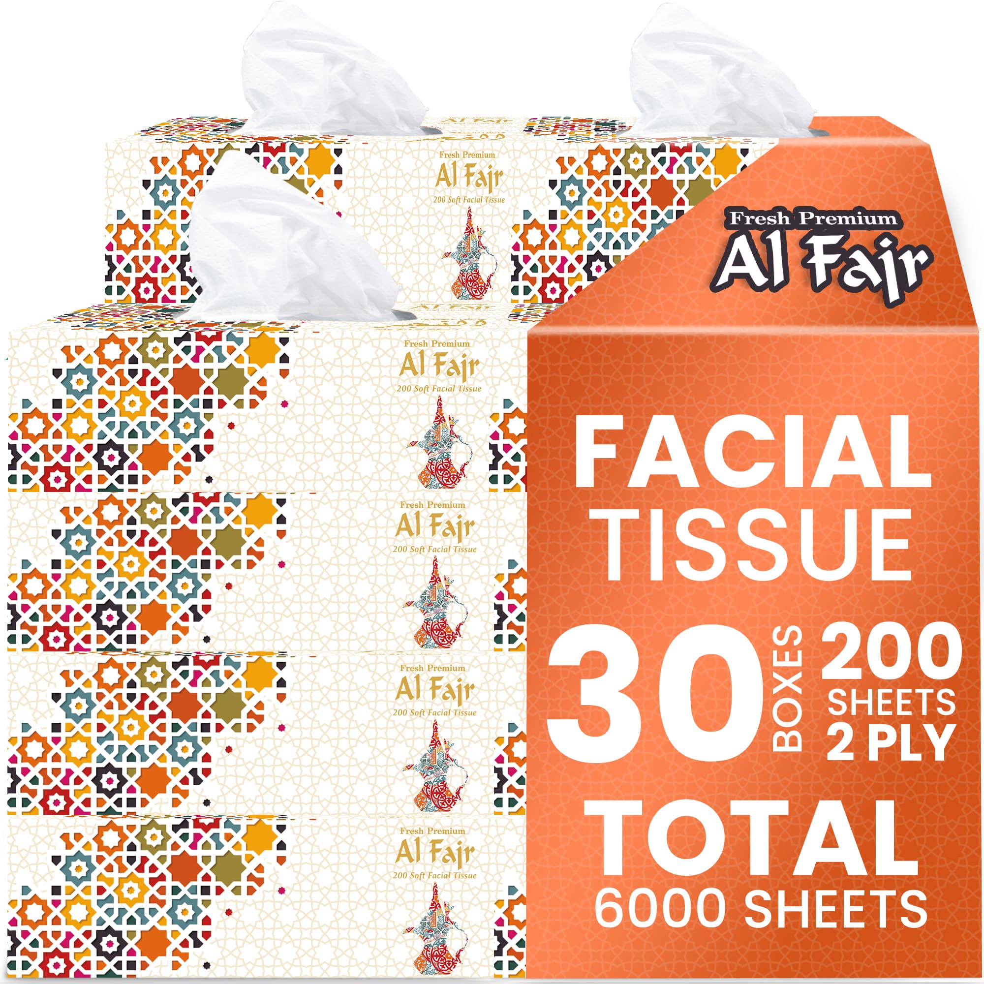 Al Fajr Facial Tissue 200 x 2 Ply Sheets - Premium Tissue, Ultra Soft, Comfort, Daily Care, White Tissue - Pack Of 30.