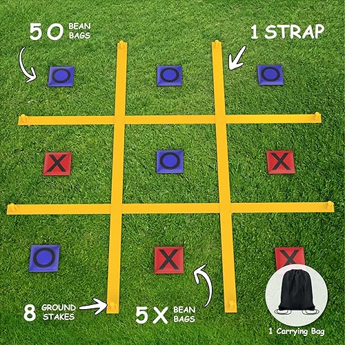 Miniatura 4 de TRINEAR Juego de correa gigante de Tic Tac Toe, juegos al aire libre de Tic Tac Toe, juego portátil de 4 pies x 4 pies con 10 bolsas de frijoles,