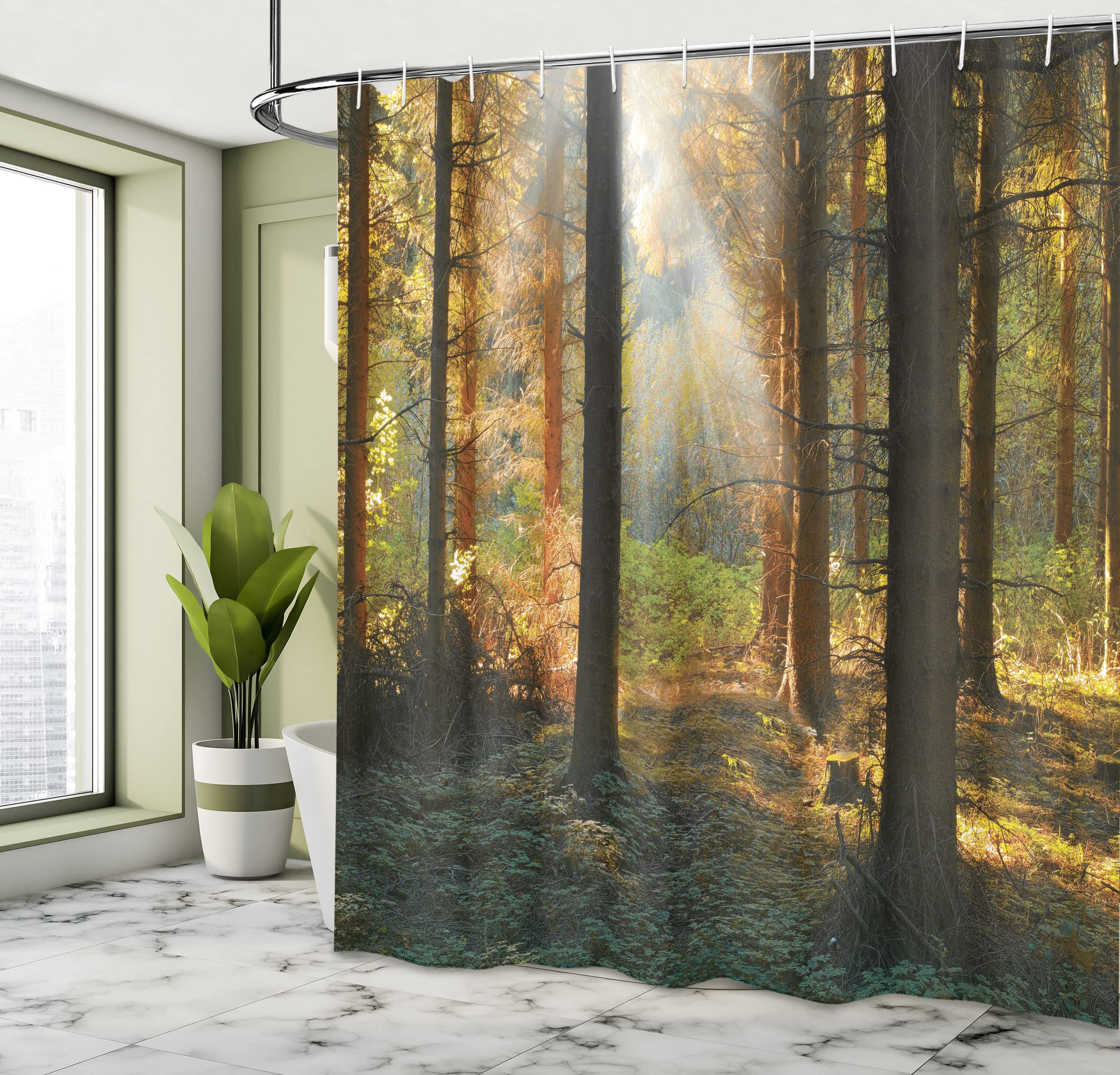 ABAKUHAUS Forest Shower Curtain, Sunset View of Dark Pine Woodland in Autumn Foggy Scene Sunbeams Trunks Shadow - Image 4