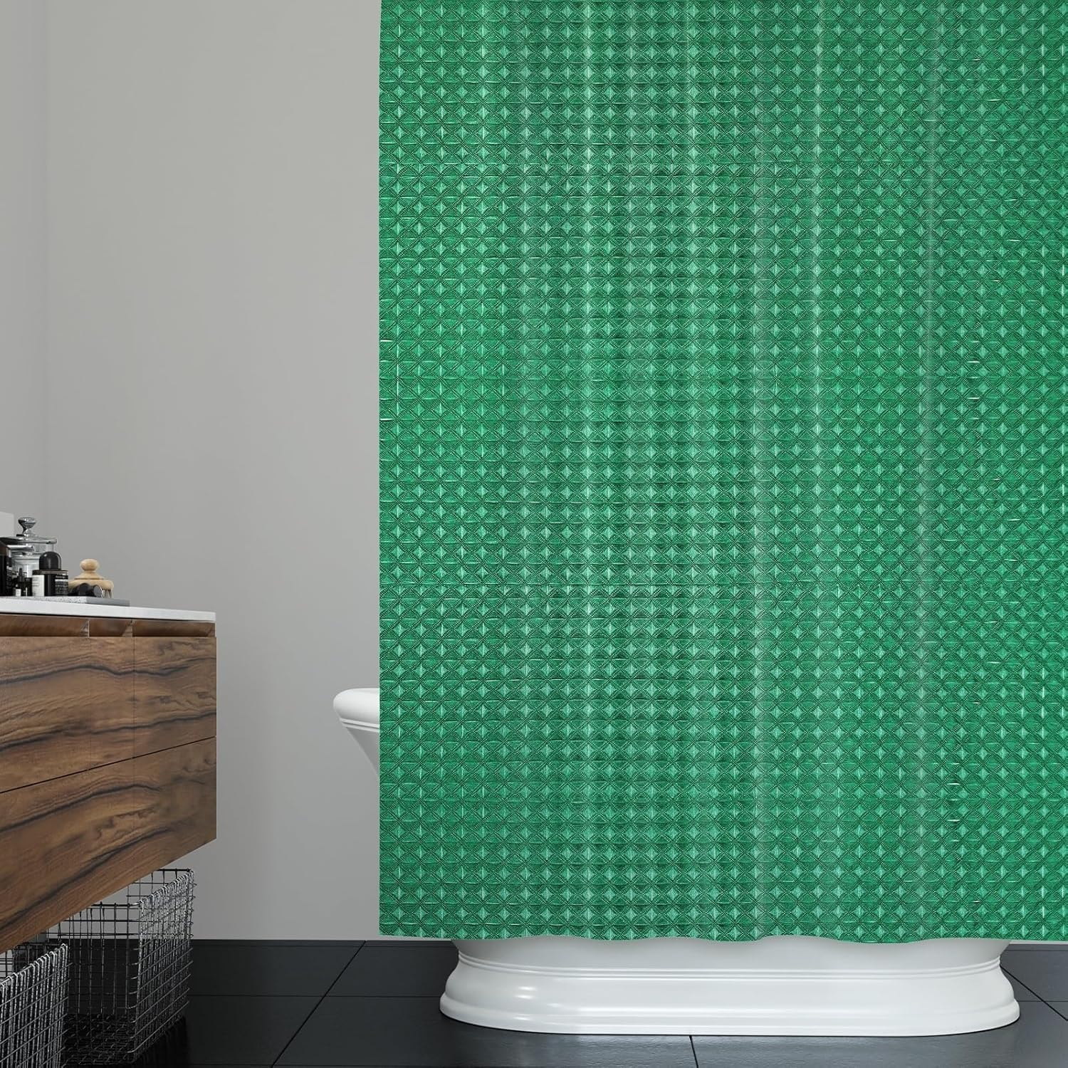 72x72 Inch Solid Color Shower Curtain for Bathroom Waffle Bath Water Resistant Fabric Curtains Green Modern Thick Shower Stall Curtain with Metal Hooks