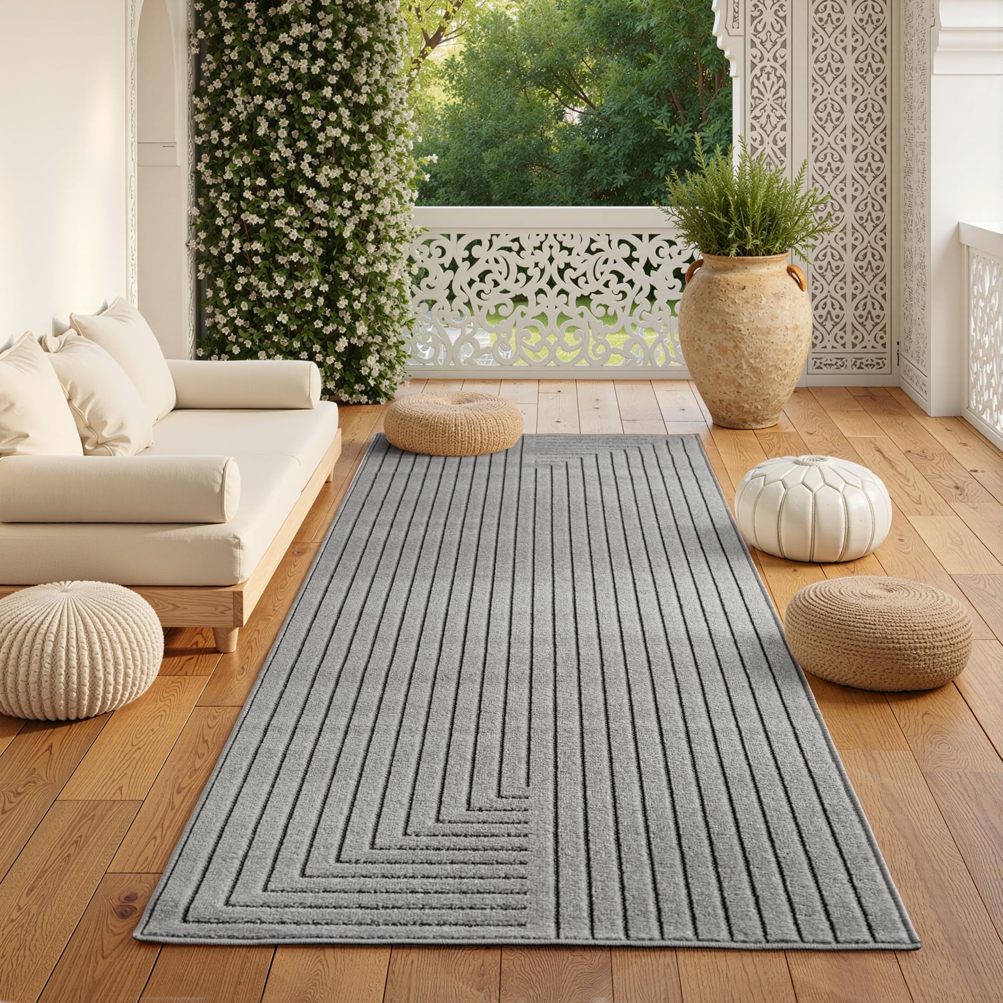 SIMPEX Kurzflor Teppich Wohnzimmer, Schlafzimmer, Küche, 3D Hoch-Tief-Effekt, Skandinavisch Boho Motiv, für Outdoor Bereich geeignet Terrassen oder im Balkon