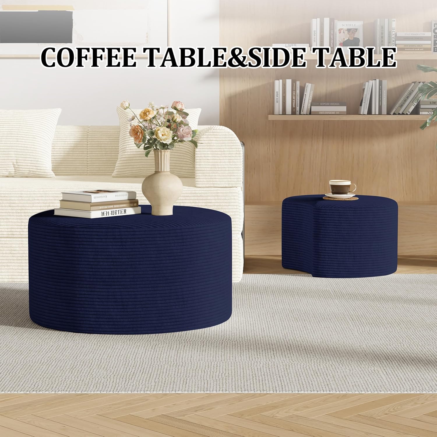 Round Nesting Coffee Table Set of 2,Upholstered Foam Ottoman Footrest Side Table Set,Modern Flannel Circle Coffee Table No Assembly for Living Room Entryway Bedroom (Blue)