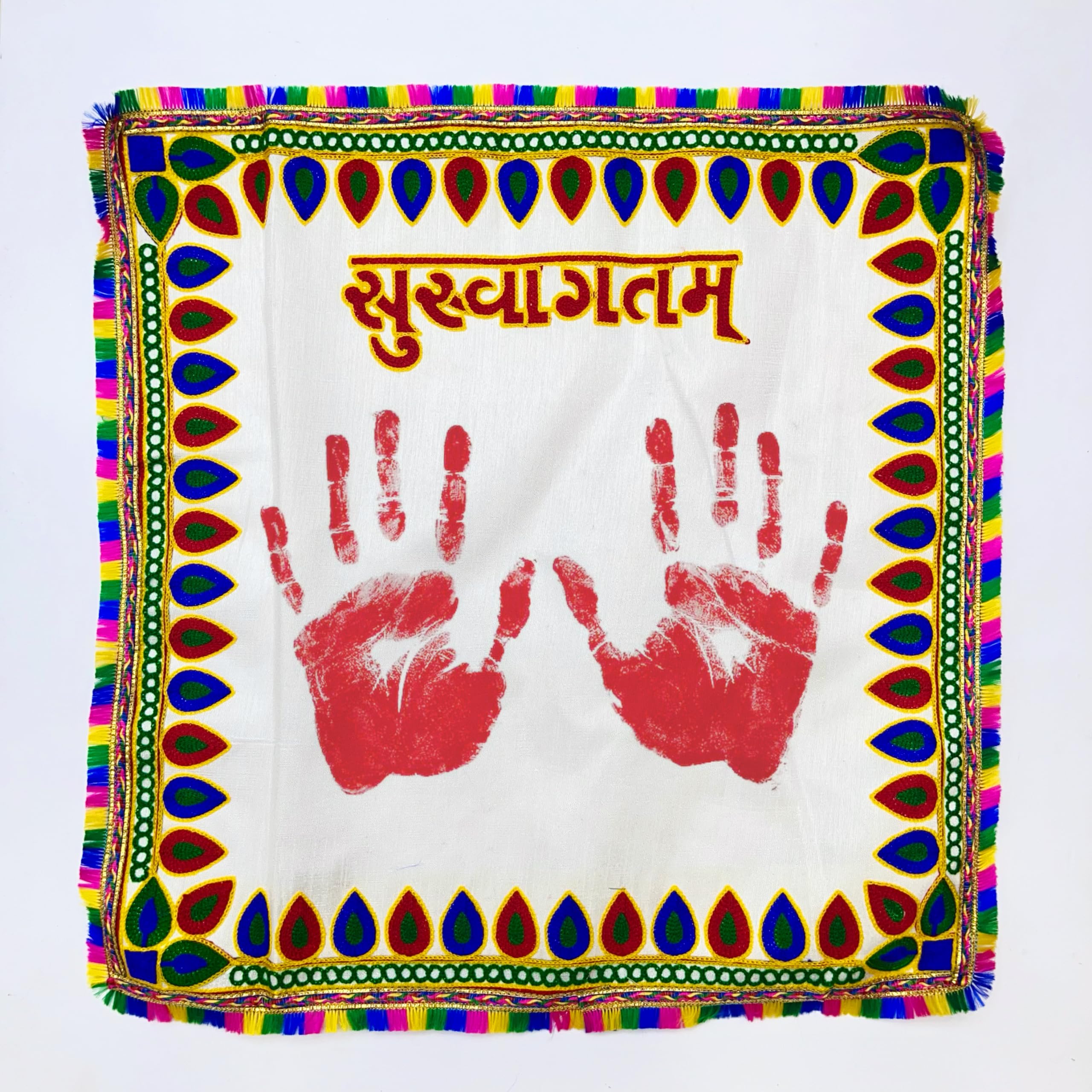 Yasamazing Bride's Born Baby Welcome Embroidered kutchi Working Modern Welcome Footprint Handprint Cloth Kanku Pagla Rumal 1 Pcs (K15203H)-image-0