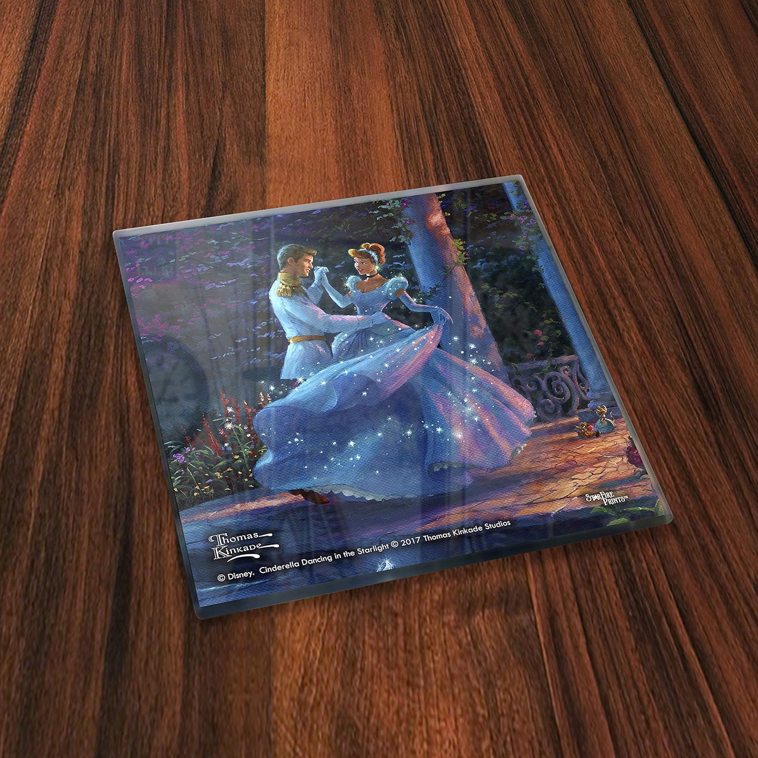Disney Cinderella Glass Coaster Set - Thomas Kinkade - Comes with Stylish Modern Wooden Holder SPCSTR754
