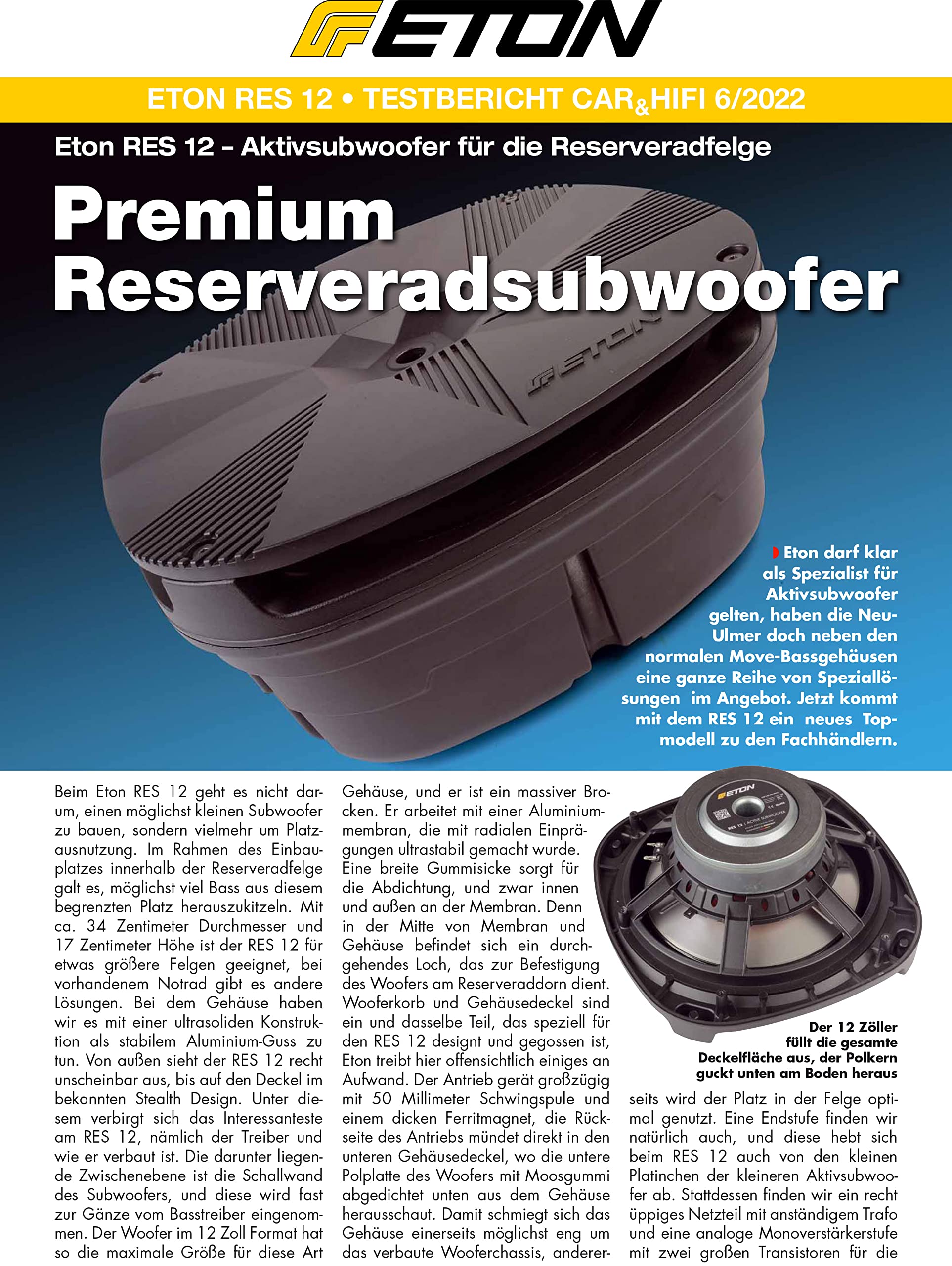 Eton Res 12 - Ruota di scorta piatta Subwoofer attivo, dotata di woofer da 30 cm/12" e amplificatore da 500 Watt, installazione Plug & Play anche nella ruota di scorta