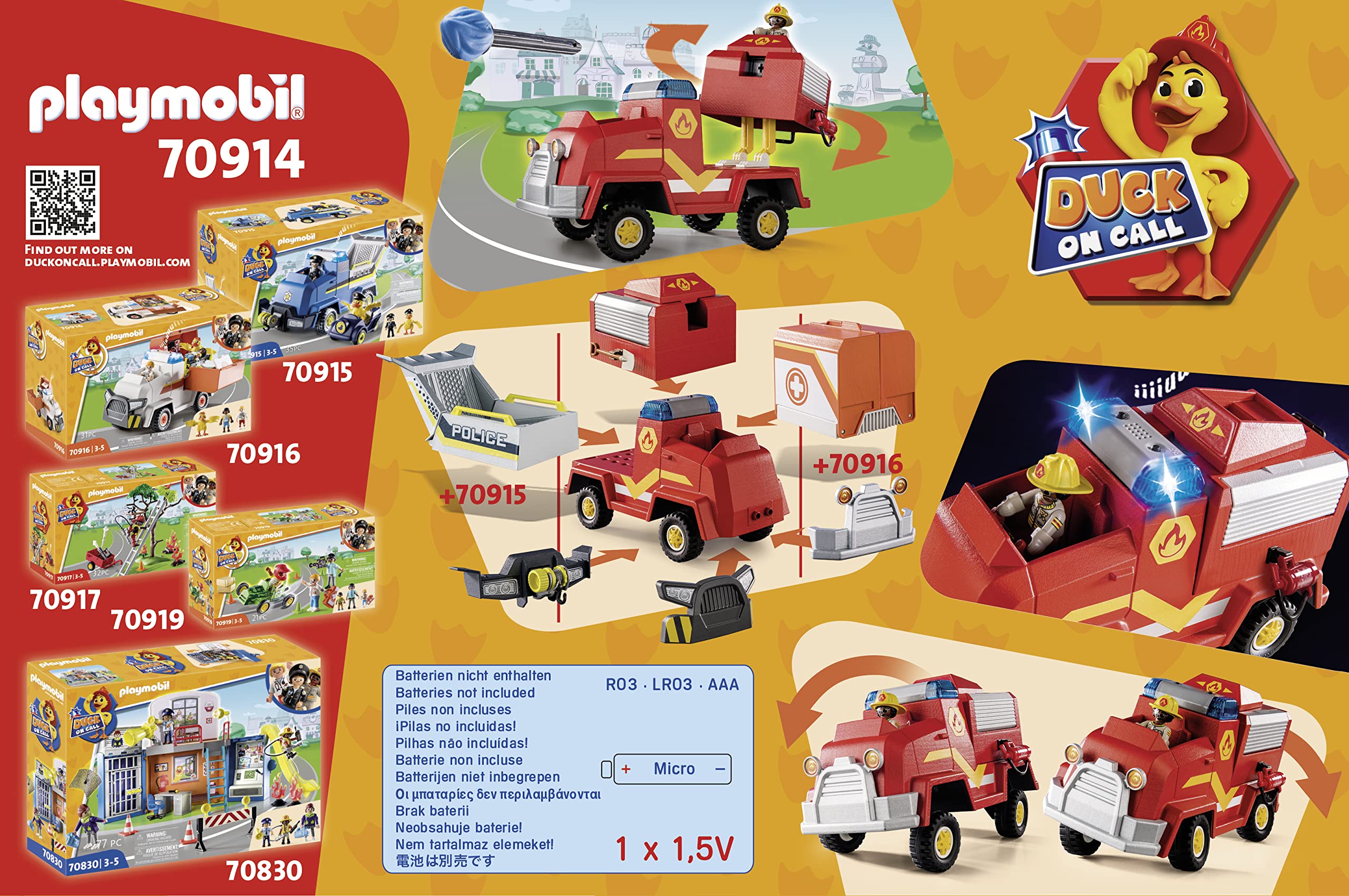 PLAYMOBIL Duck ON Call 70914 Veicolo di Soccorso dei Vigili del Fuoco, con luci e Suoni, Giocattoli per Bambini dai 3 Anni