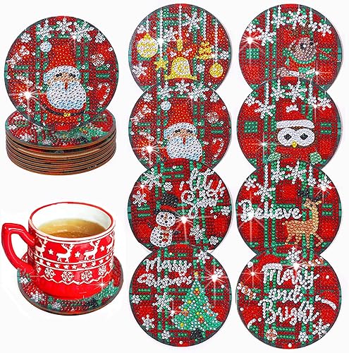 Tulsondai Posavasos de pintura de diamantes 8 posavasos de pintura de diamantes de Navidad con soporte kit de pintura de diamantes para decoración