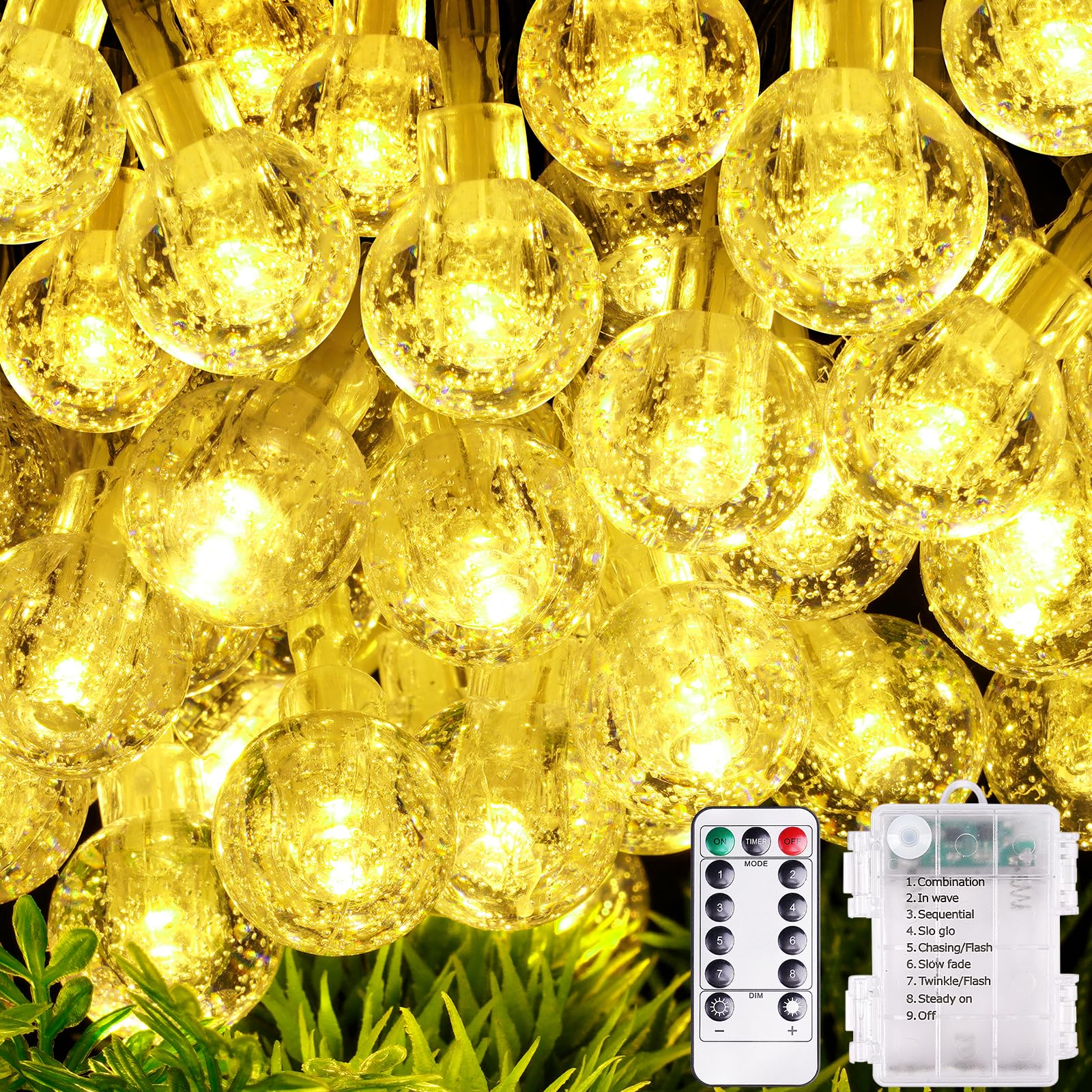 AUAUY LED Globe Fairy Lights, 10M 100 String Lights with Remote, Battery Powered 8 Modes Globe LED Lights, Outdoor Indoor String Lights for Christmas, Balcony, Gazebo, Garden, Camping (Warm White)