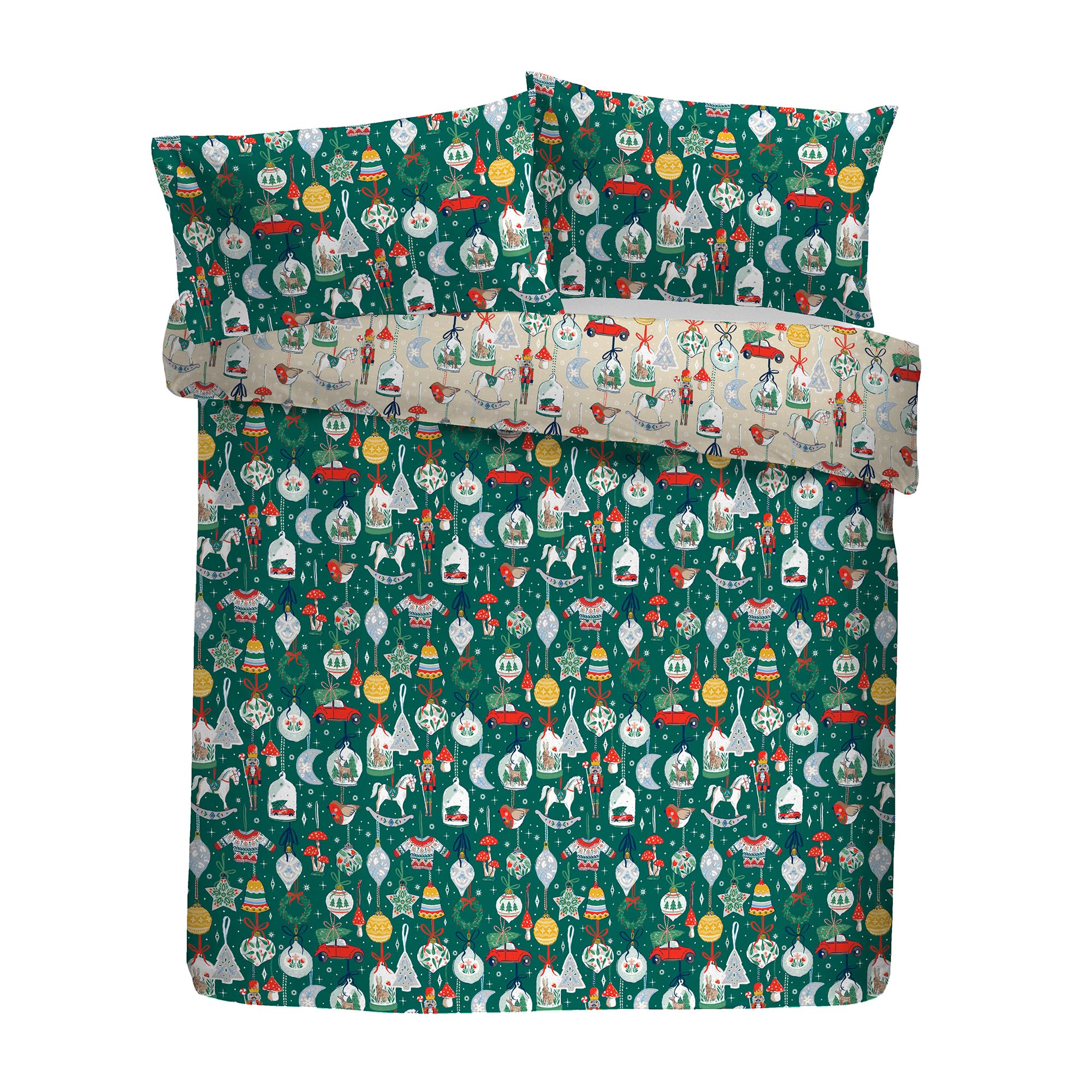 Fusion Christmas Ornaments Duvet Cover Set, Single 140x200cm, Green, 52% Recycled Polyester 48% Cotton, Reversible Print, 56 Pick