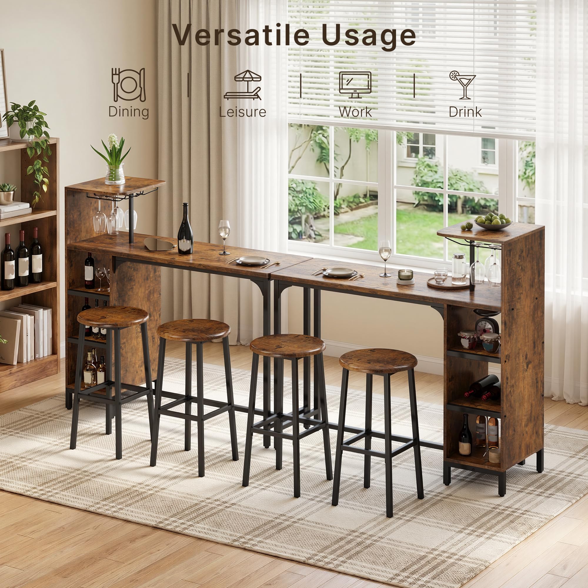 Xbro Angolo Bar per Casa con 2 Sgabelli, Tavolo da Bar Industriale con Porta Calici e 6 Portabottiglie, Mobile Bar con Ripiani Laterali, Banco Bar Salvaspazio in MDF e Metallo, 120x40x120 cm
