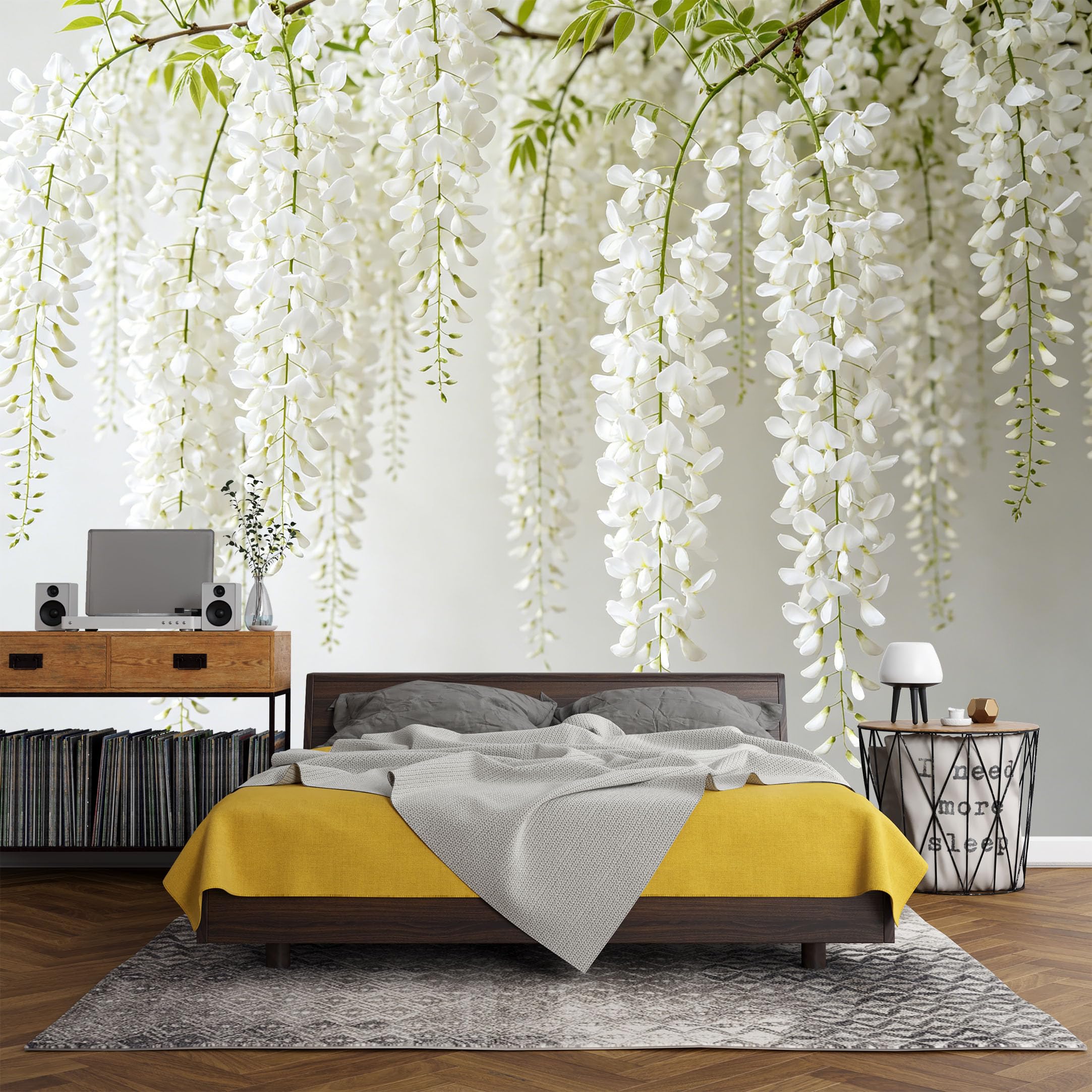 Custom Size Wall Mural， Botanical White Wisteria Flower Vine Minimalist Green Leaves Blush Bloom，SelfAdhesive Art Prints wall Fabric (No PVC) Removable Wallpaper Living Room Decor