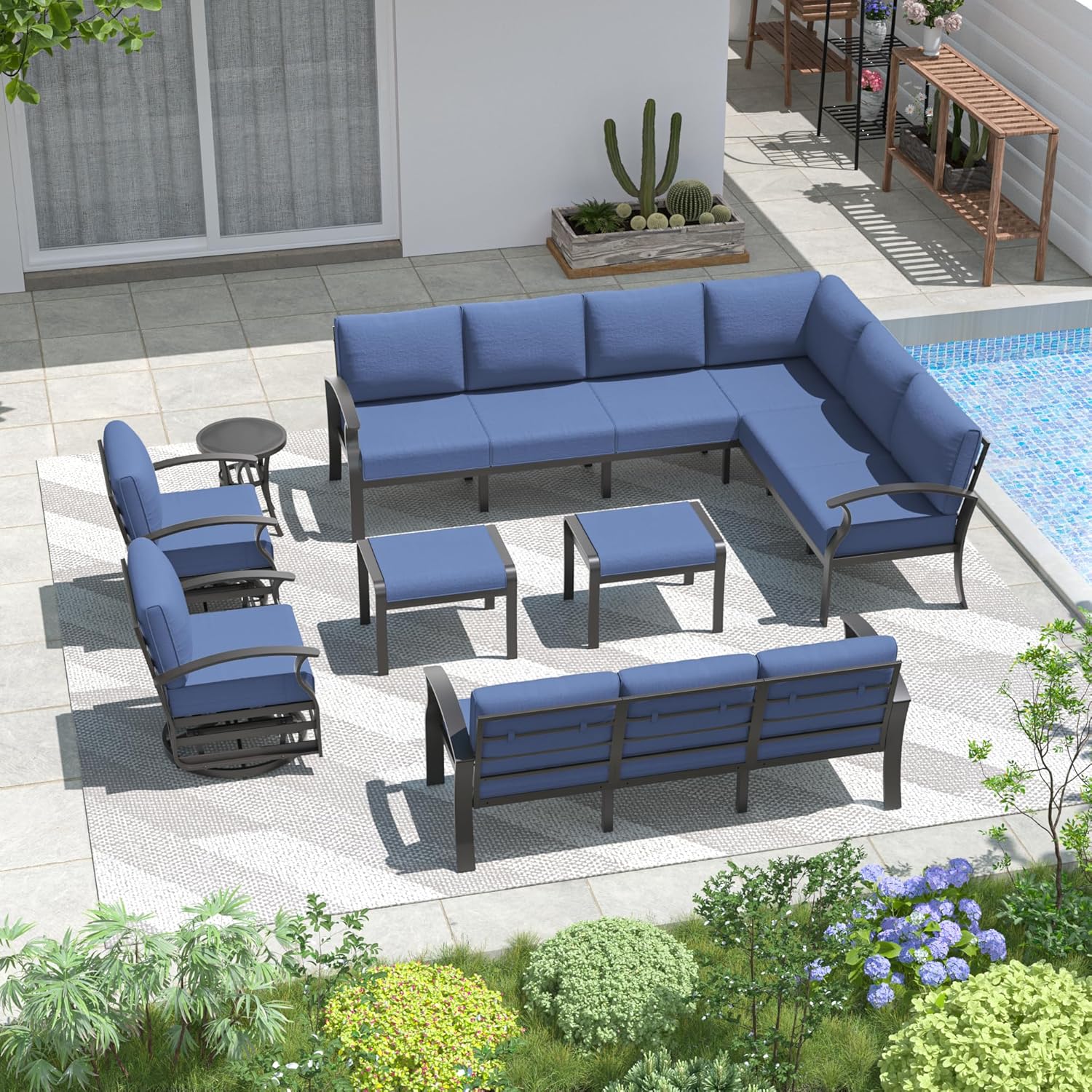 Kullavik Aluminum Patio Furniture Set with 2 Swivel Chairs L-Shaped Sofa Set 13-seat Metal Outdoor Furniture Patio Conversation Set w/5.1" Cushions for Patio, Backyard, Poolside-Blue