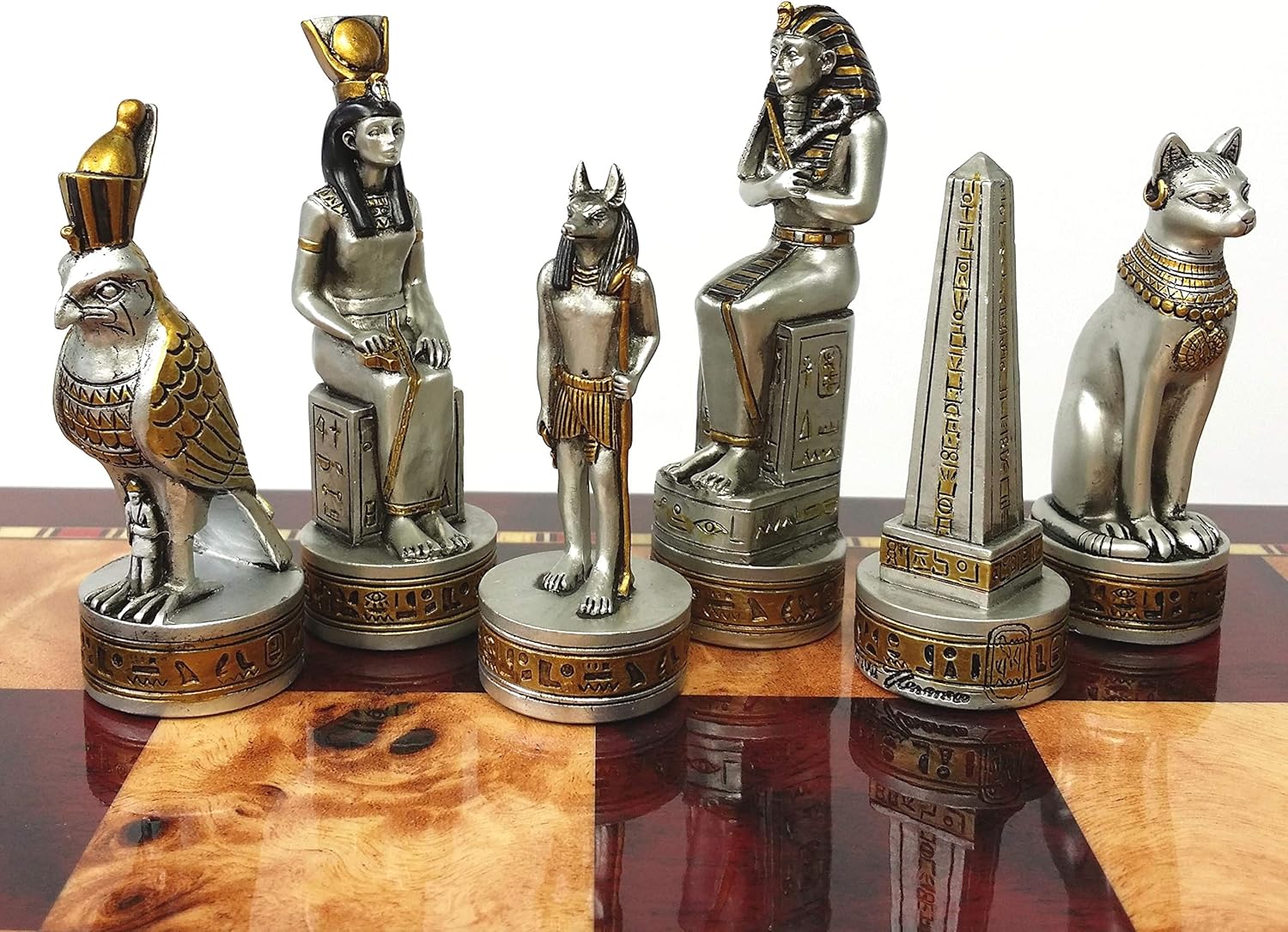 Egyptian Anubis Chess Men Set Black and Silver with Gold Accents & 18" High Gloss Cherry and Burlwood Color Board
