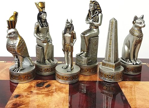 Miniatura 4 de Juego de ajedrez egipcio Anubis para hombre, color negro y plateado con detalles dorados y tablero de color cereza brillante de 18 pulgadas y madera