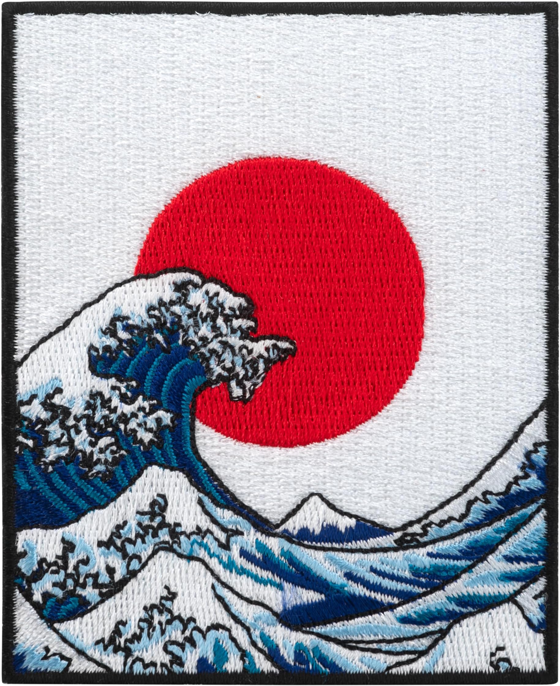 Patch The Great Wave Off Kanagawa with Japan Flag Embroidered Iron-On Patch 9 x 7 cm | Sew or Iron On Applique Badge