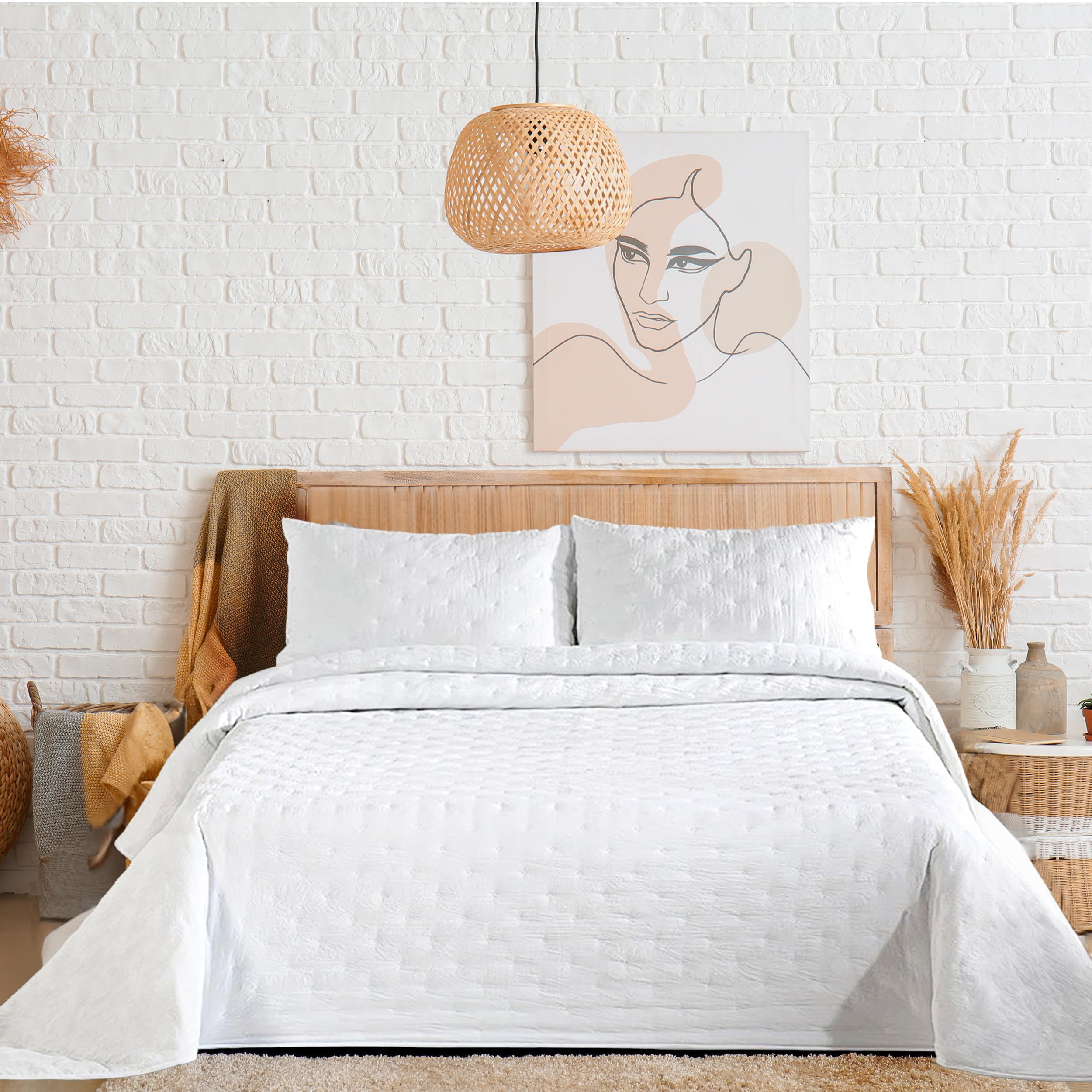 Colcha Boutis para Primavera y Verano Bicolor Reversible Liso de Color Beig + 2 Funda Cojin 50x70 cm - Colcha Ligera Fina Entretiempo (Cama 135, 220x260cm) — view 10