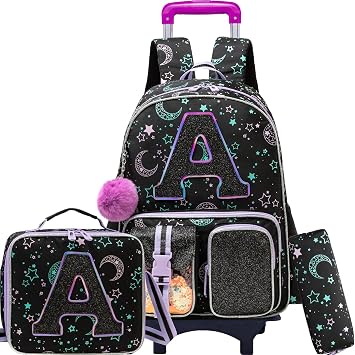 Kids Rolling Backpack for Girls Letter A,Cute Wheeled Bookbag with Lunch Box & Pencil Pouch,Elementary School Trolley Bag Set