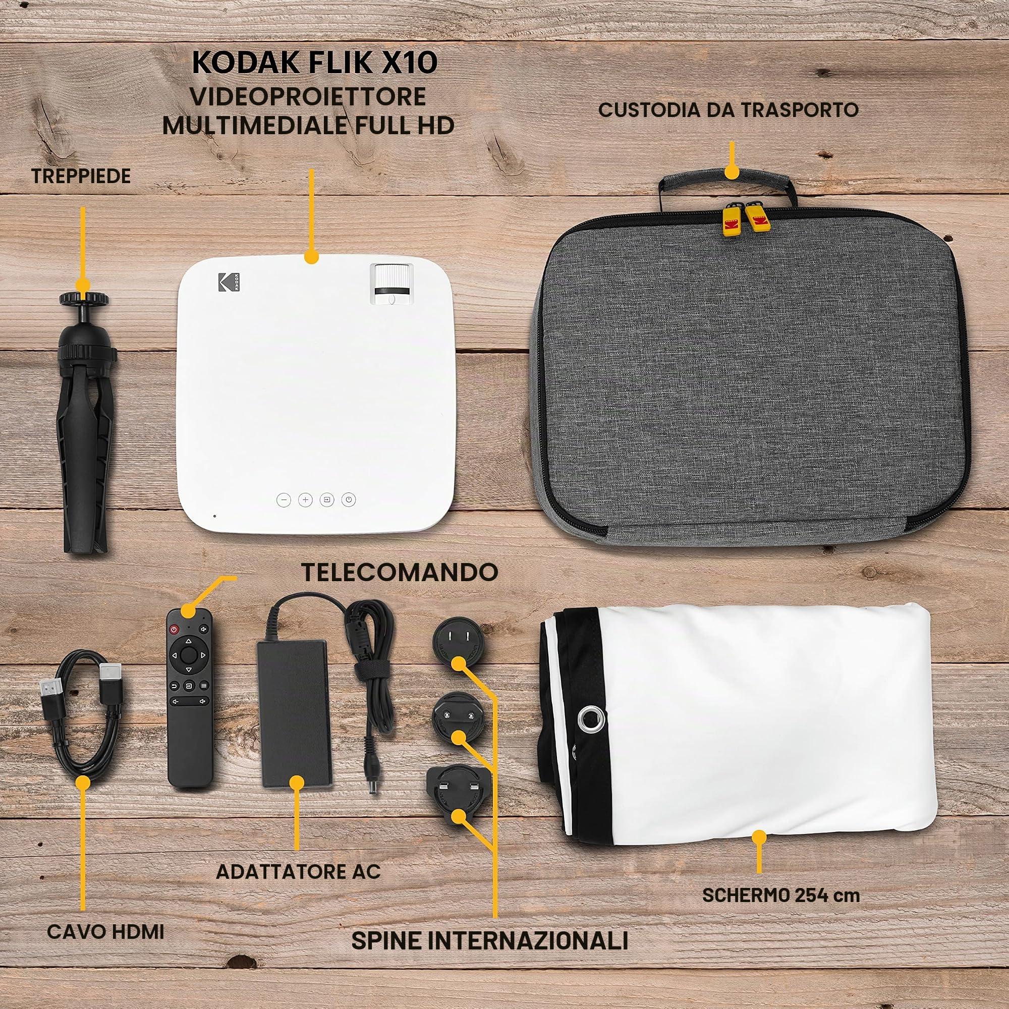 KODAK FLIK X10 Full HD Kit proiettore multimediale | Pacchetto sistema home theater portatile mini compatto 1080p con schermo di proiezione da 100"