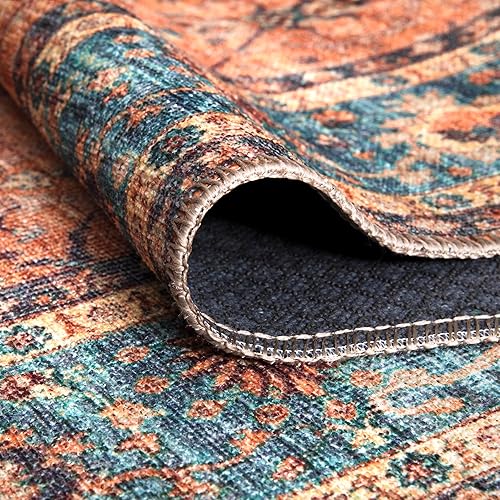 Miniatura 4 de Bloom Rugs Alfombra de pasillo lavable antideslizante de 7 pies  naranjaverde azulado con borde tradicional para entrada, pasillo, baño y cocina,